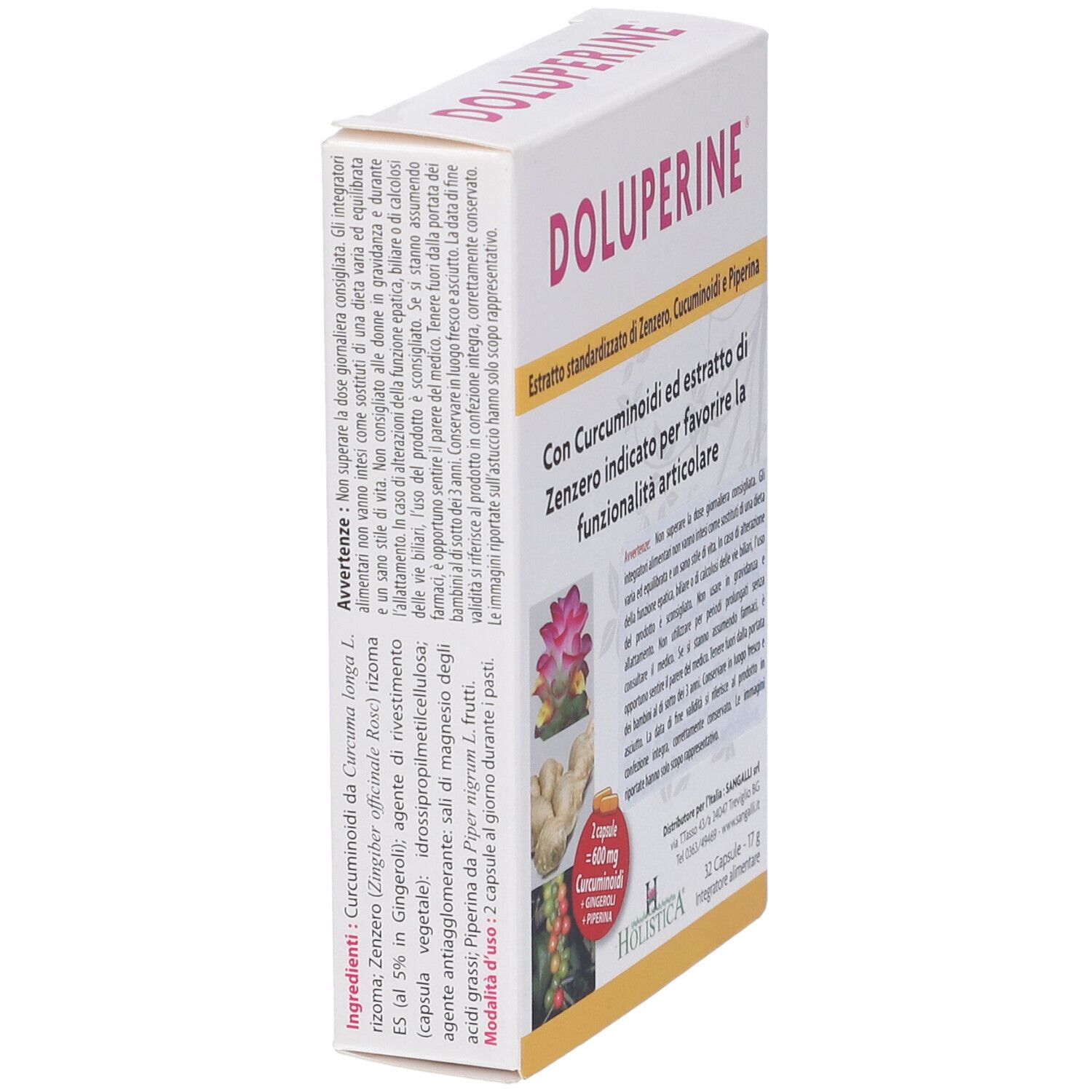 Scatola Holistica Doluperine, angolata. Confezione bianca con nome e informazioni. 32 capsule.