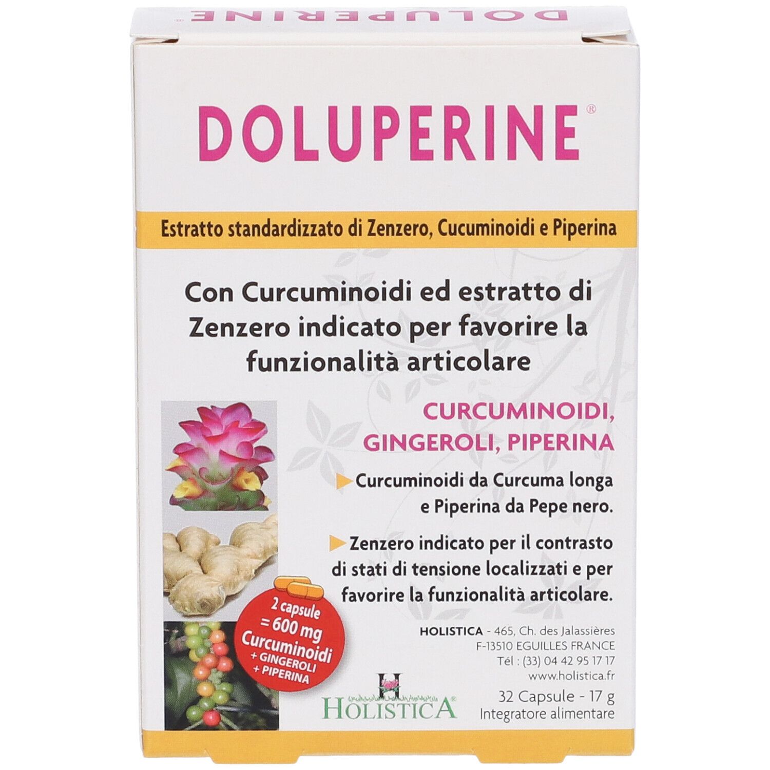 Scatola Holistica Doluperine. Confezione bianca con nome e informazioni. 32 capsule.