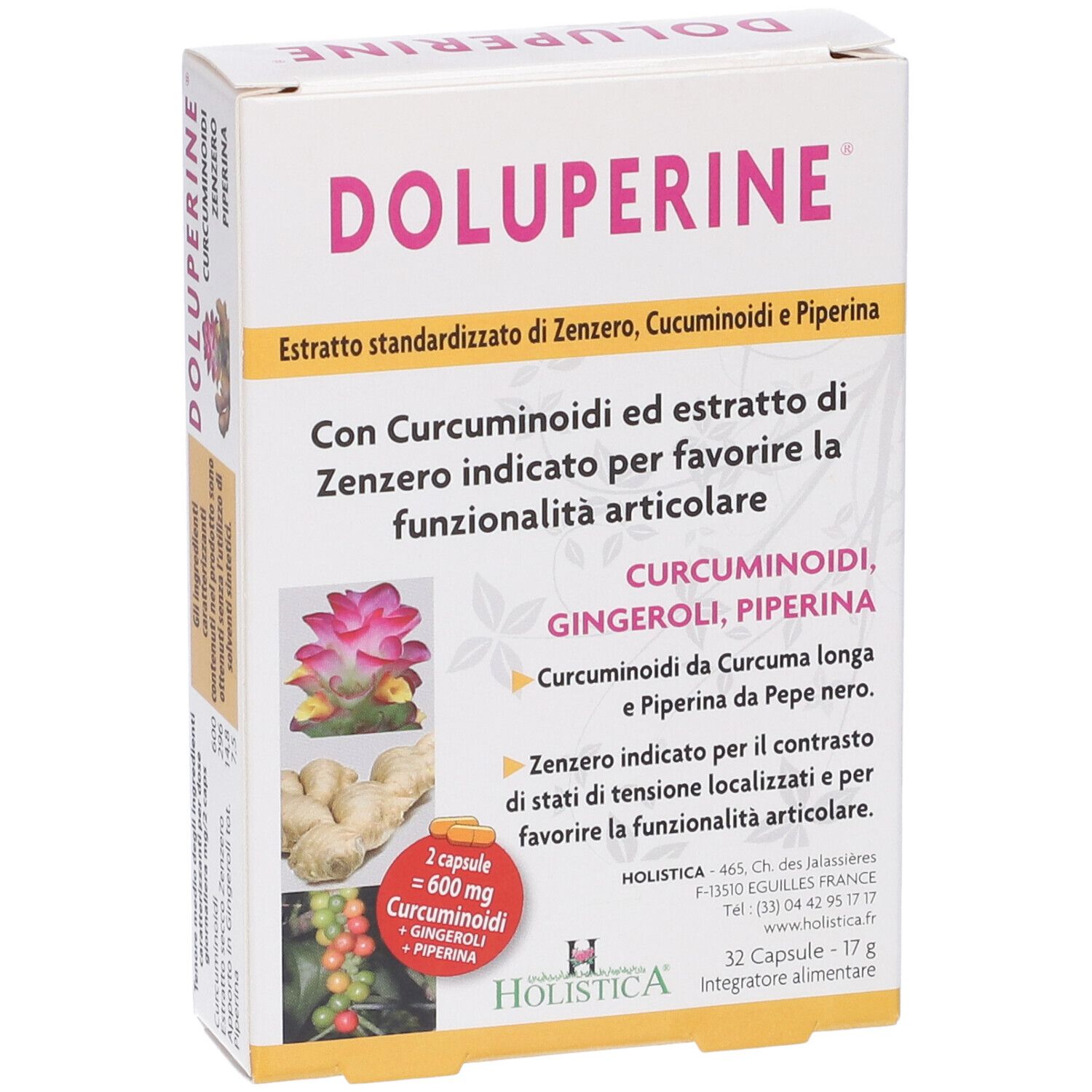 Scatola Holistica Doluperine. Confezione bianca con nome e informazioni. 32 capsule.