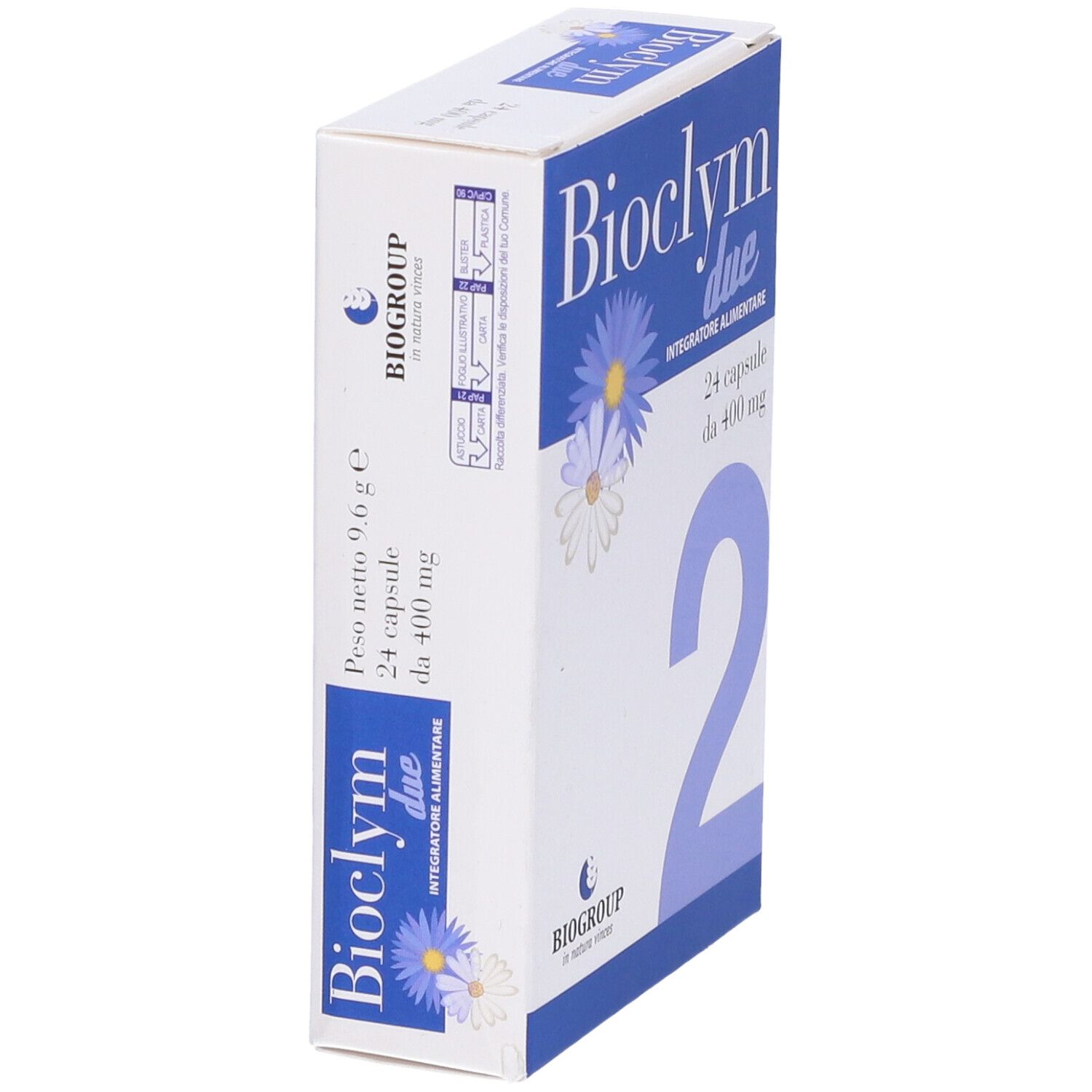 Confezione del prodotto con scritta Bioclym due, 24 capsule da 400 mg. Logo Biogroup. Colori blu e bianco.