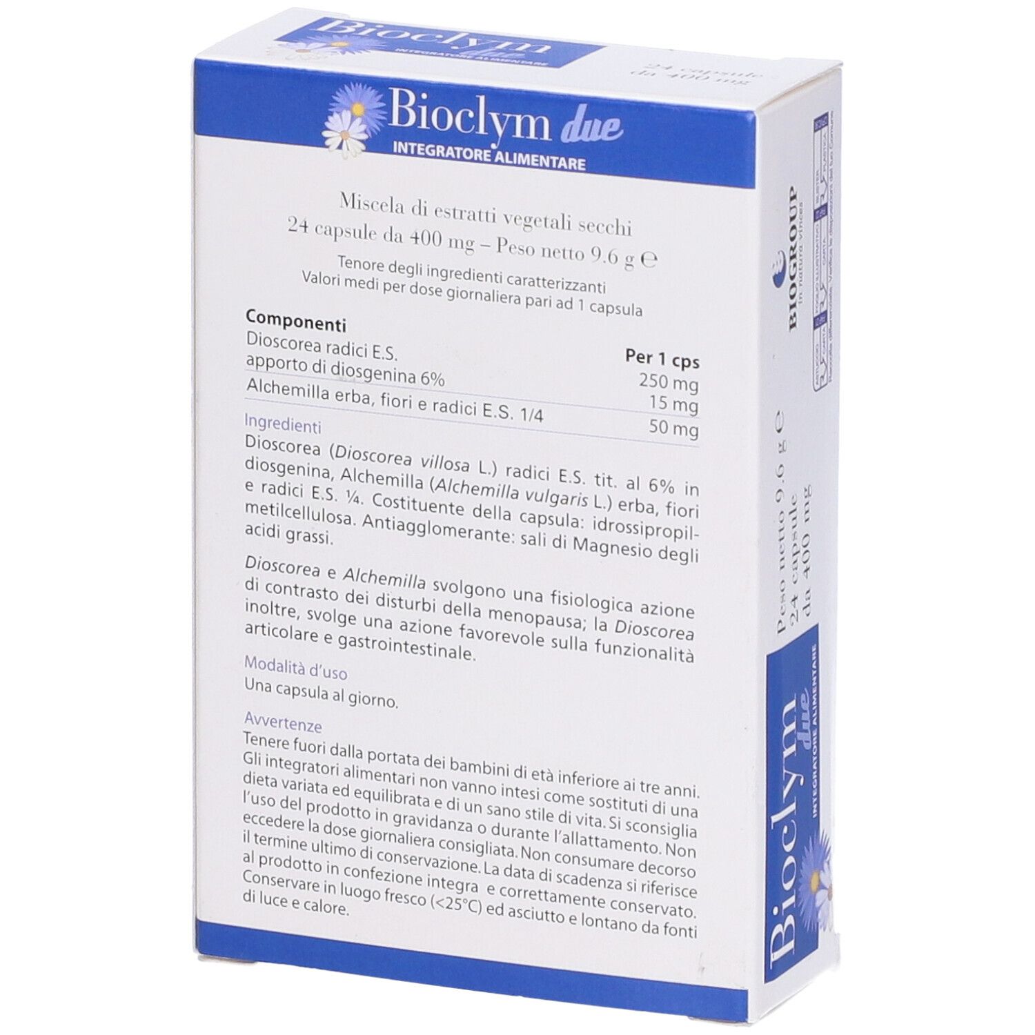 Confezione del prodotto con informazioni. Scritta: Bioclym due, 24 capsule da 400 mg. Logo Biogroup. Colori blu e bianco.
