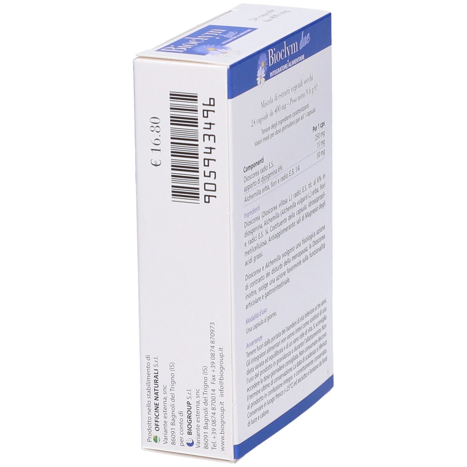 Confezione del prodotto con informazioni. Scritta: Bioclym due, 24 capsule da 400 mg. Logo Biogroup. Colori blu e bianco.