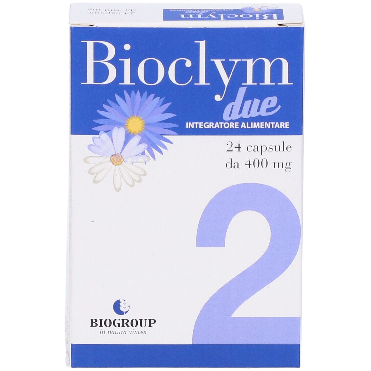 Confezione del prodotto con scritta Bioclym due, 24 capsule da 400 mg. Logo Biogroup. Colori blu e bianco.