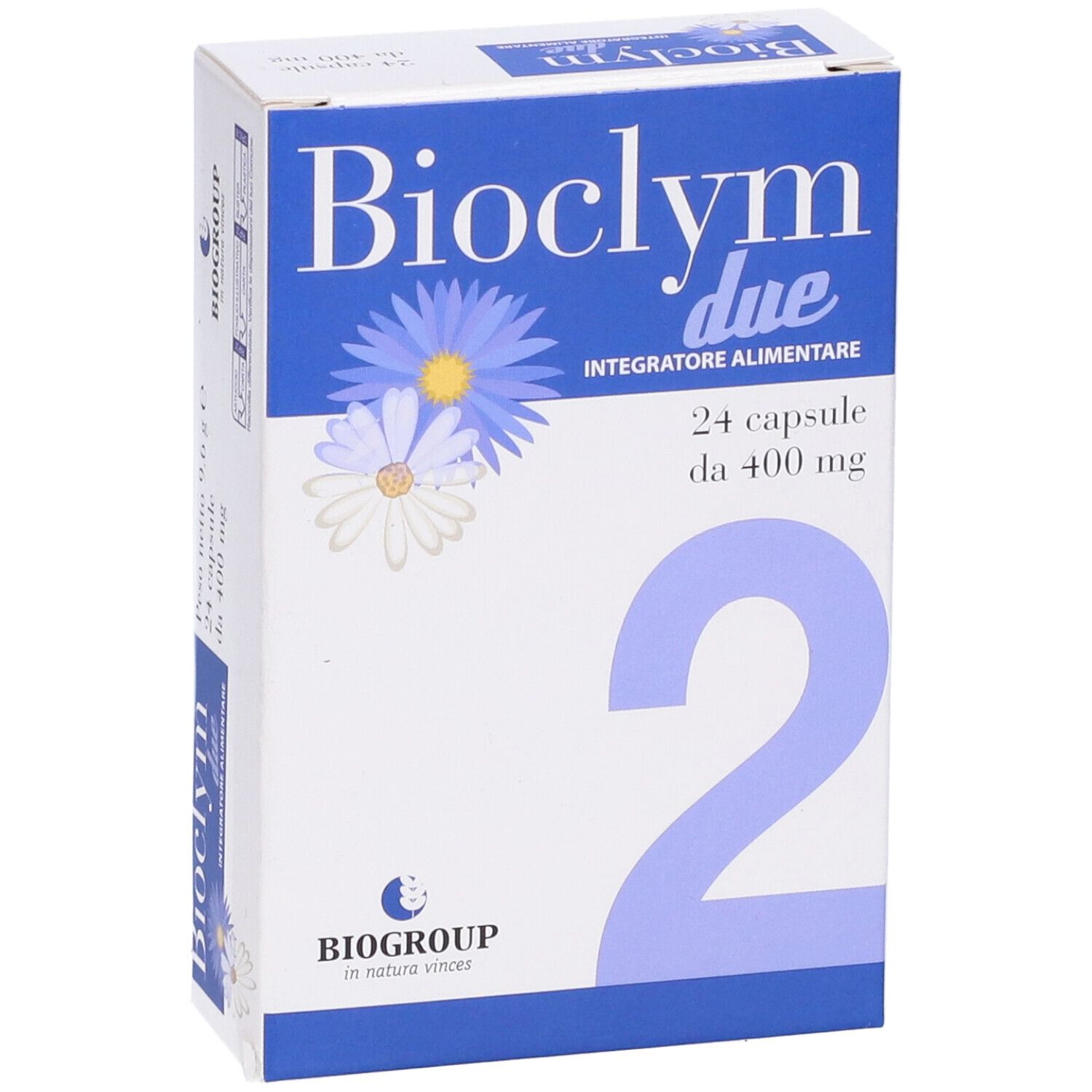 Confezione del prodotto con scritta Bioclym due, 24 capsule da 400 mg. Logo Biogroup. Colori blu e bianco.