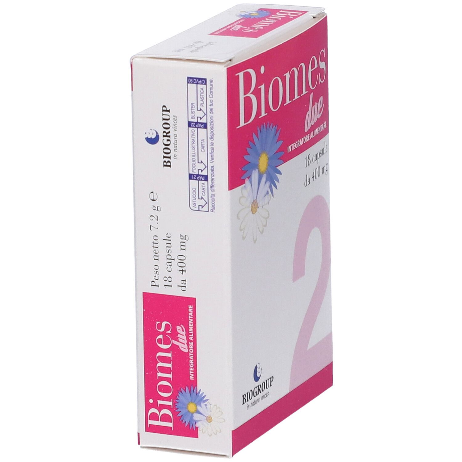 Confezione integratore alimentare Biomes due, 18 capsule da 400 mg. Cartone con design floreale.