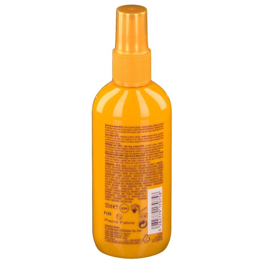 Flacone spray giallo, retro. Testo in piccolo. Logo e informazioni del produttore.