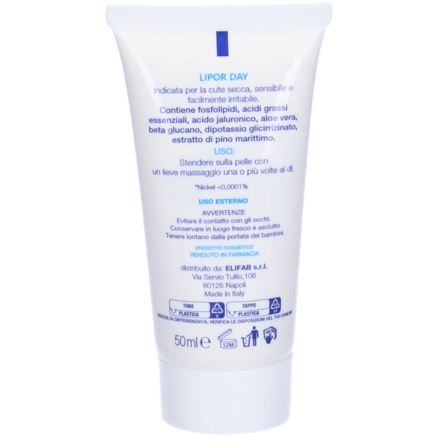 Retro del tubo di crema. Informazioni testuali: ingredienti, uso, avvertenze. 50 ml. Prodotto in Italia.