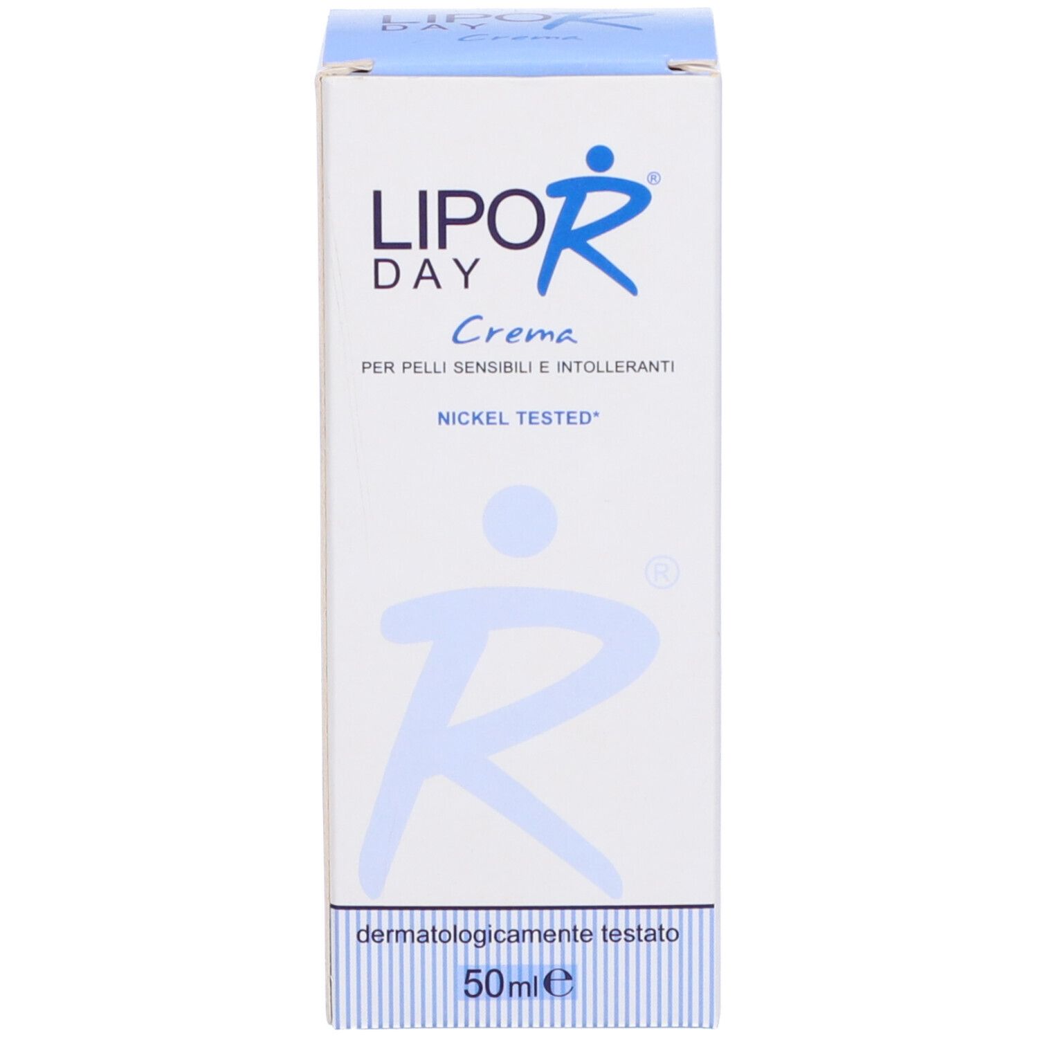Confezione del prodotto. Scritta: Lipo Day, Crema. Nickel tested. Dermatologicamente testato. 50 ml.
