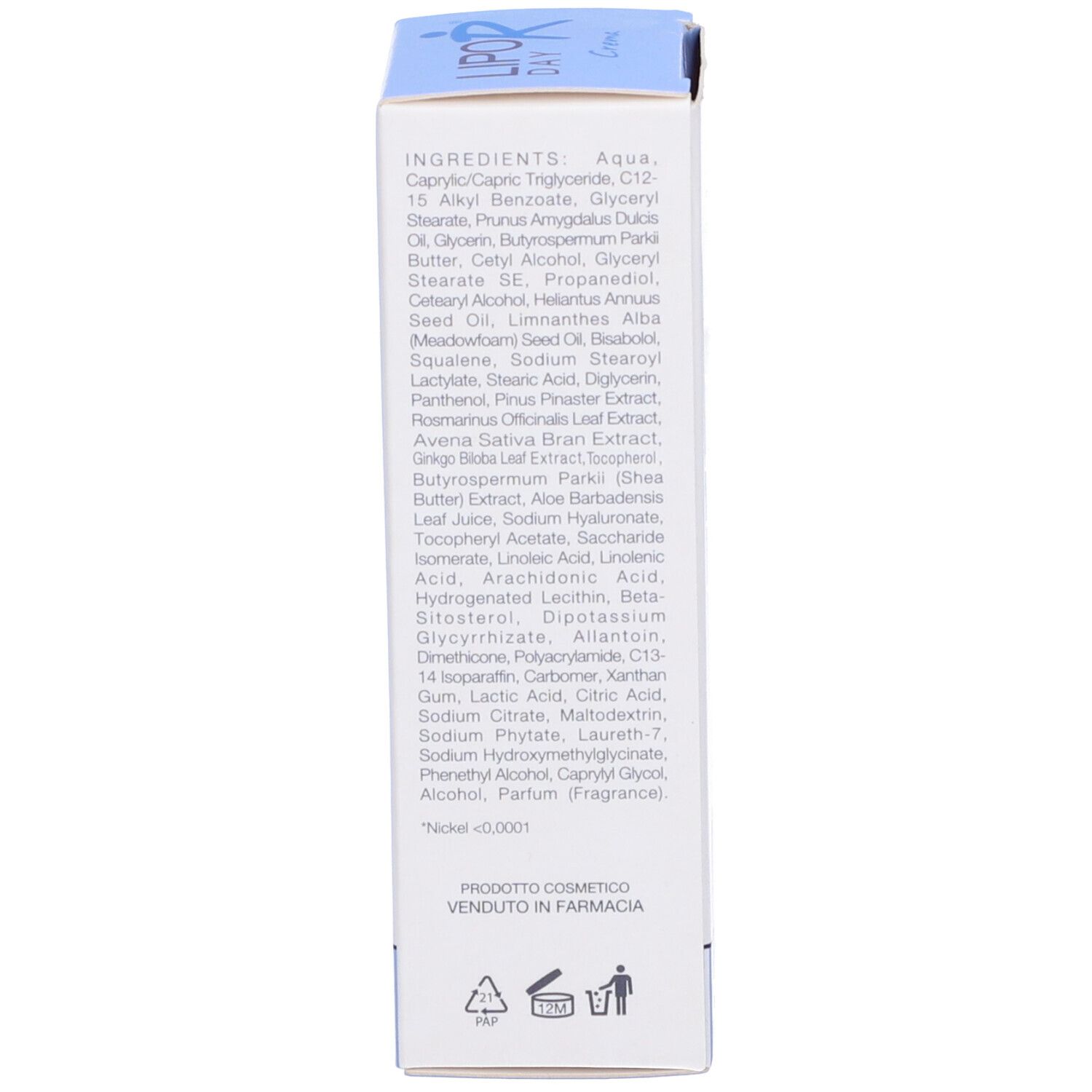Vista laterale della confezione del prodotto. Elenco degli ingredienti. Nickel <0,0001%.