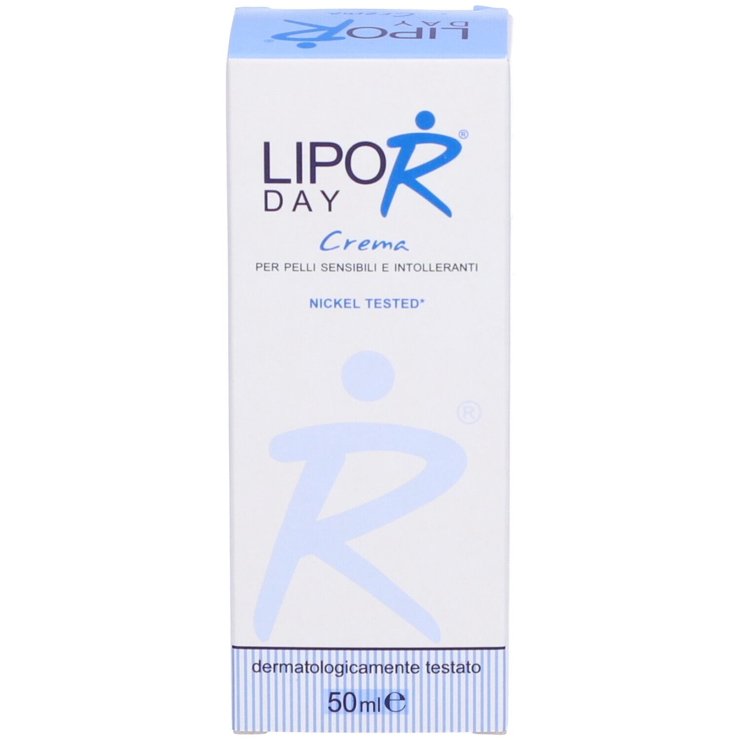 Confezione del prodotto. Scritta: Lipo Day, Crema. Nickel tested. Dermatologicamente testato. 50 ml.