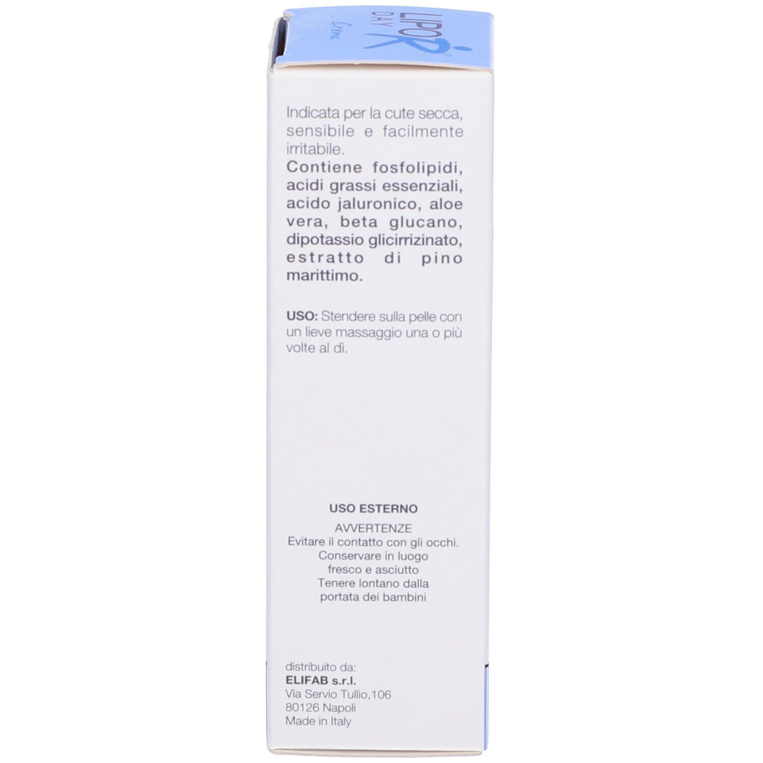 Retro della confezione del prodotto. Informazioni testuali: uso, avvertenze. 50 ml. Prodotto in Italia.