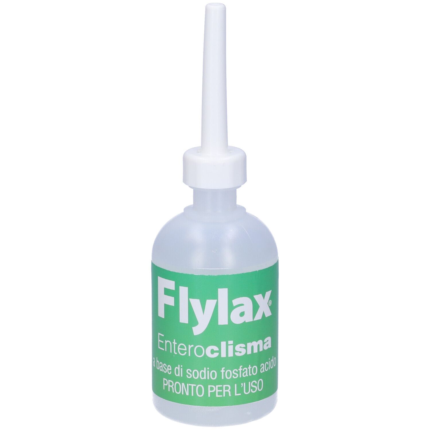 Flacone con applicatore. Scritta: Flylax Enteroclisma. Etichetta verde. Flacone trasparente.
