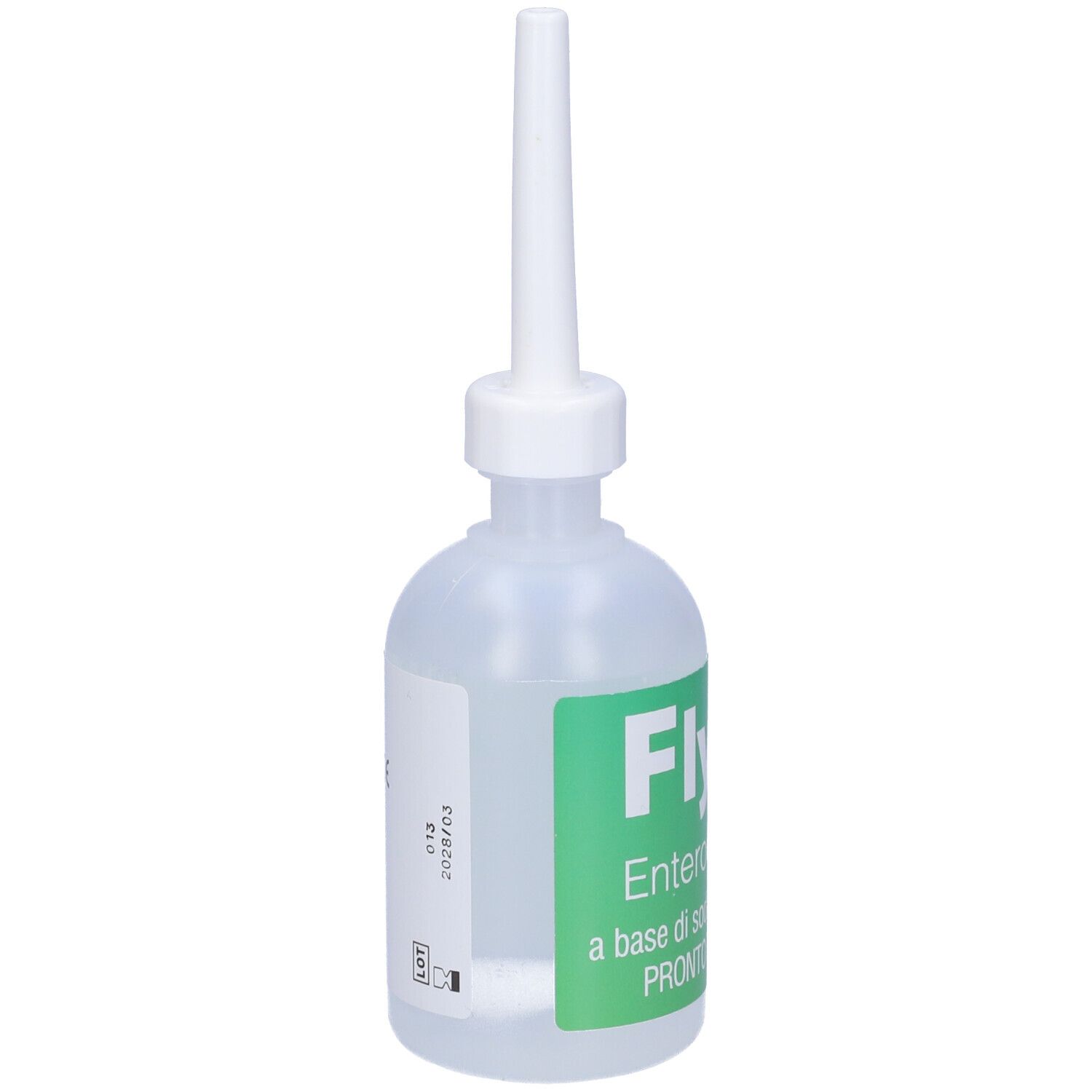 Flacone con applicatore. Scritta: Flylax Enteroclisma. Etichetta verde. Flacone trasparente.