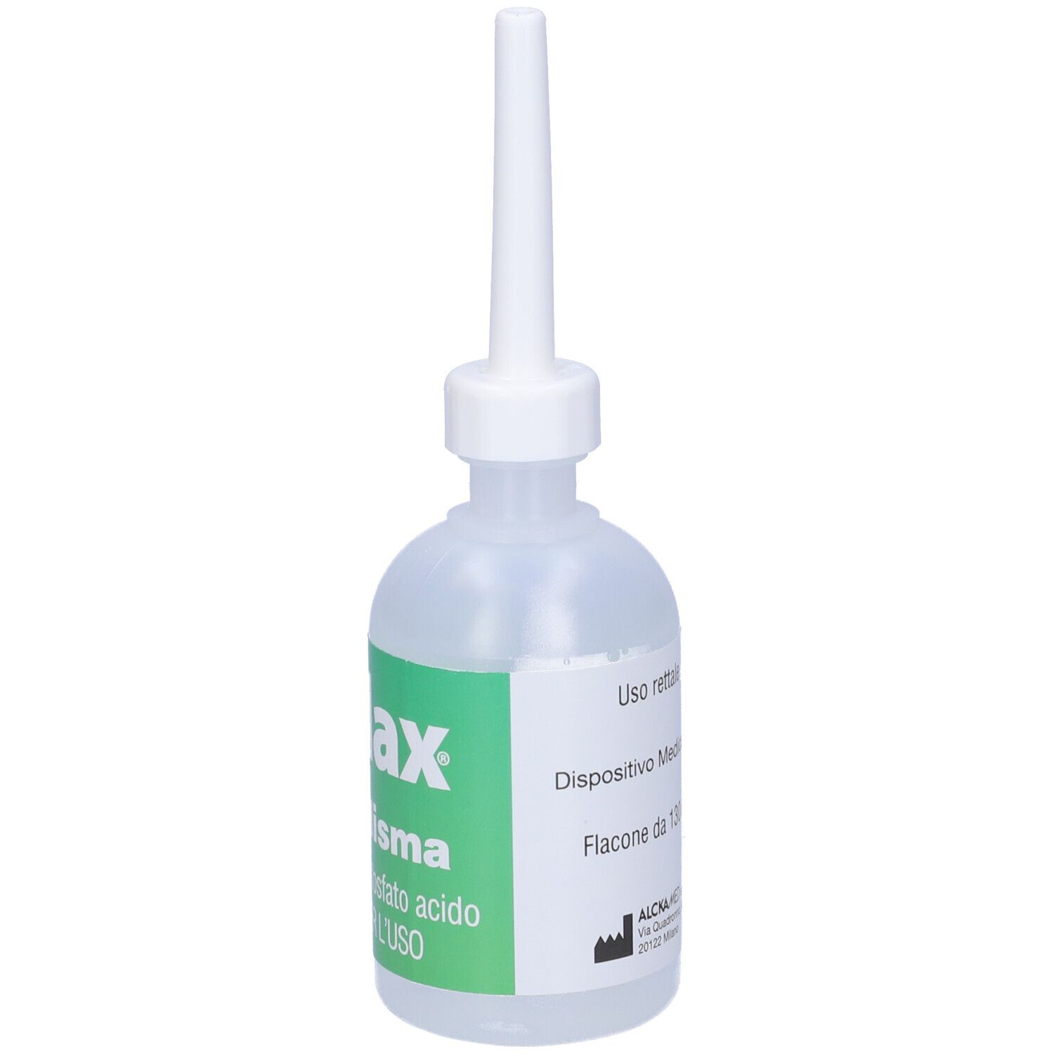 Flacone con applicatore. Scritta: Flylax Enteroclisma. Etichetta verde. Flacone trasparente.