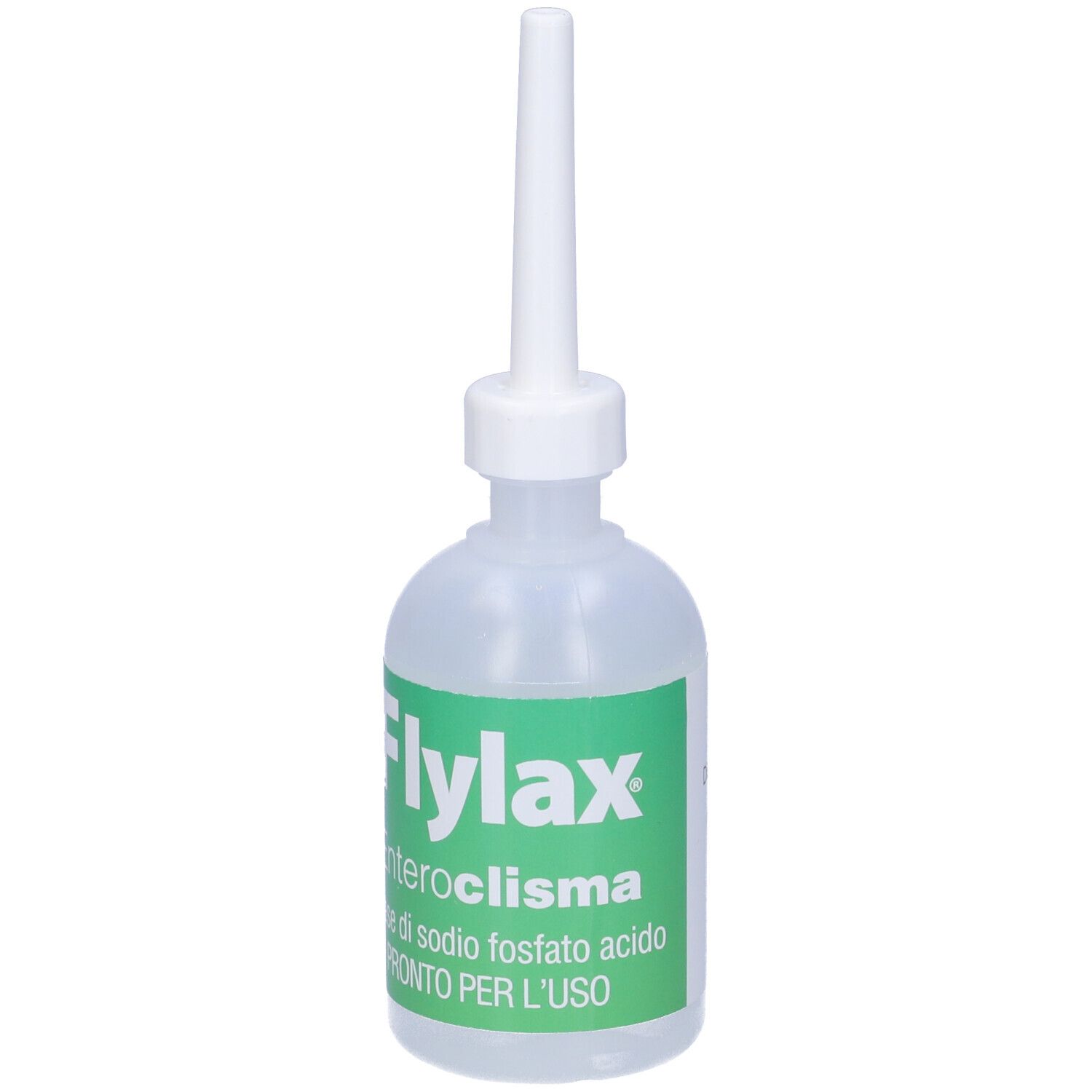Flacone con applicatore. Scritta: Flylax Enteroclisma. Etichetta verde. Flacone trasparente.
