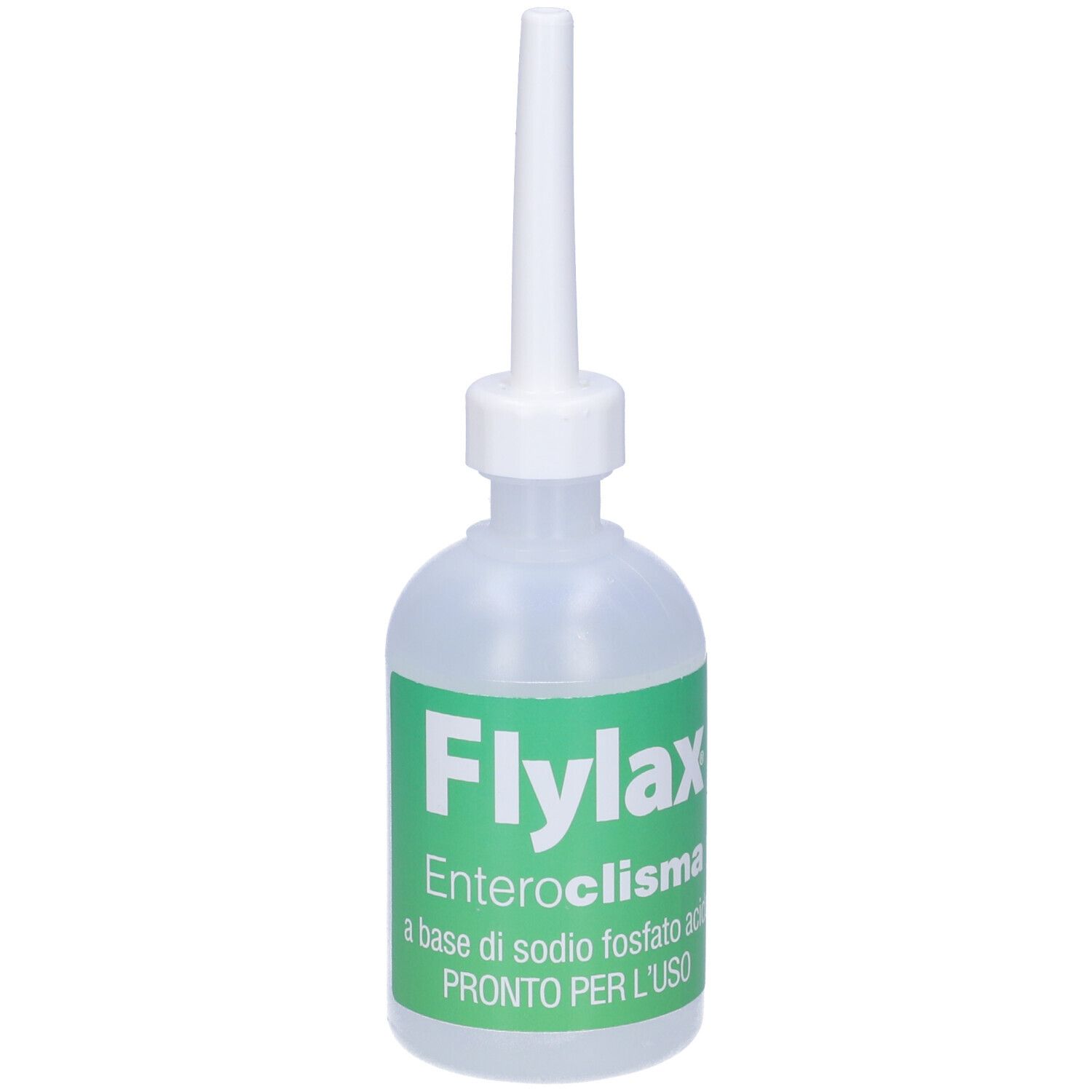 Flacone con applicatore. Scritta: Flylax Enteroclisma. Etichetta verde. Flacone trasparente.