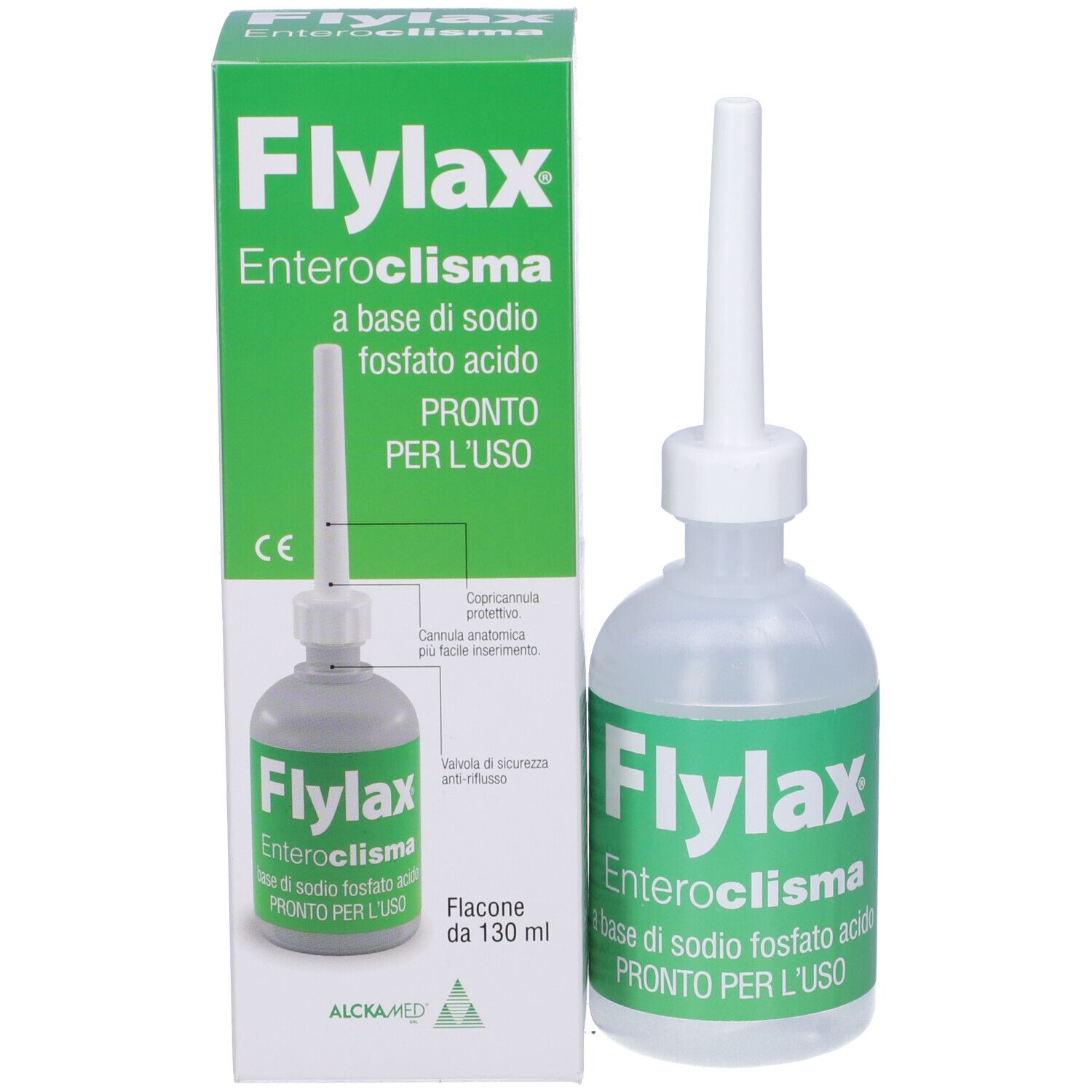 Flacone con applicatore e confezione. Scritta: Flylax Enteroclisma. Confezione verde.