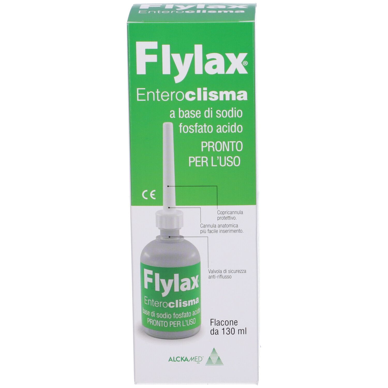 Confezione con prodotto. Scritta: Flylax Enteroclisma. Flacone e applicatore. Colori verde e bianco.