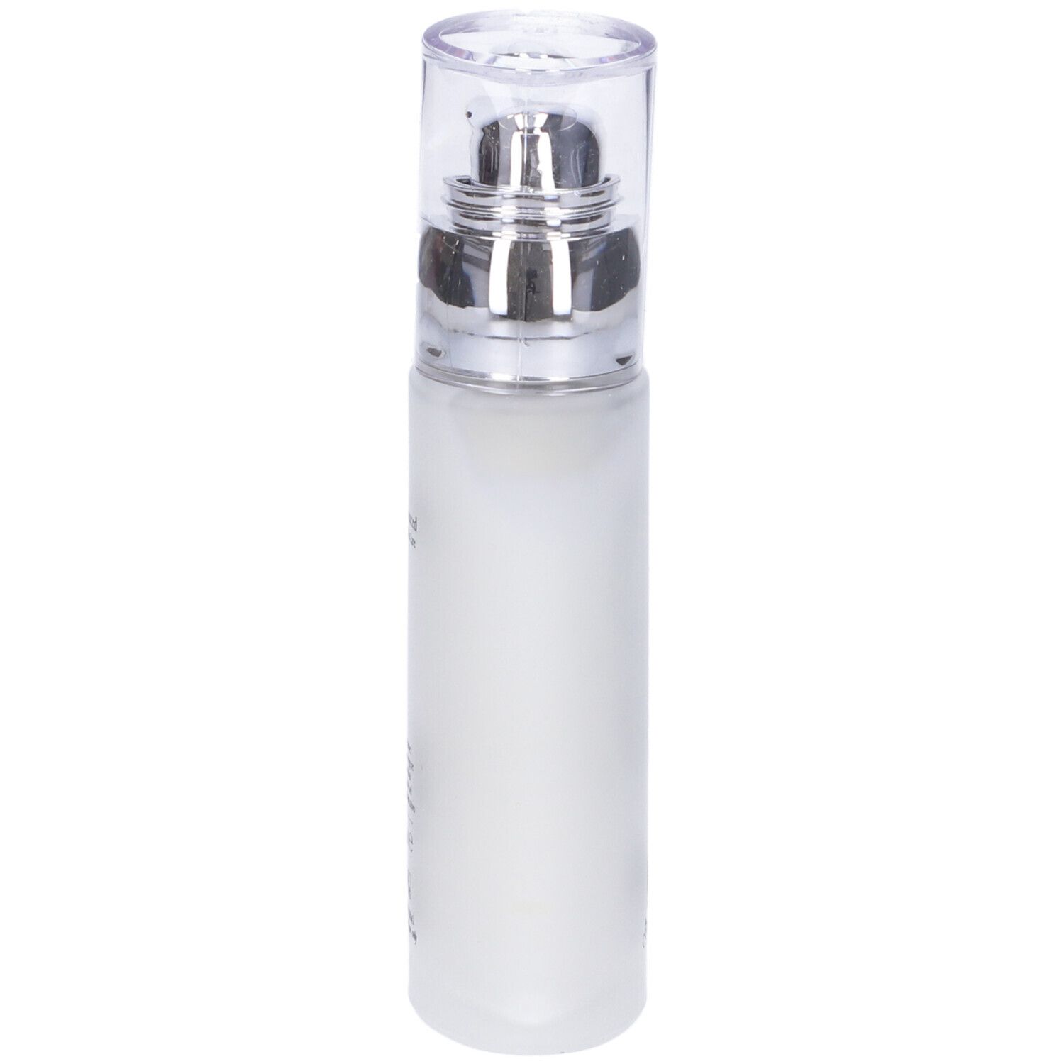 Flacone cilindrico bianco con tappo trasparente e pompa argentata.