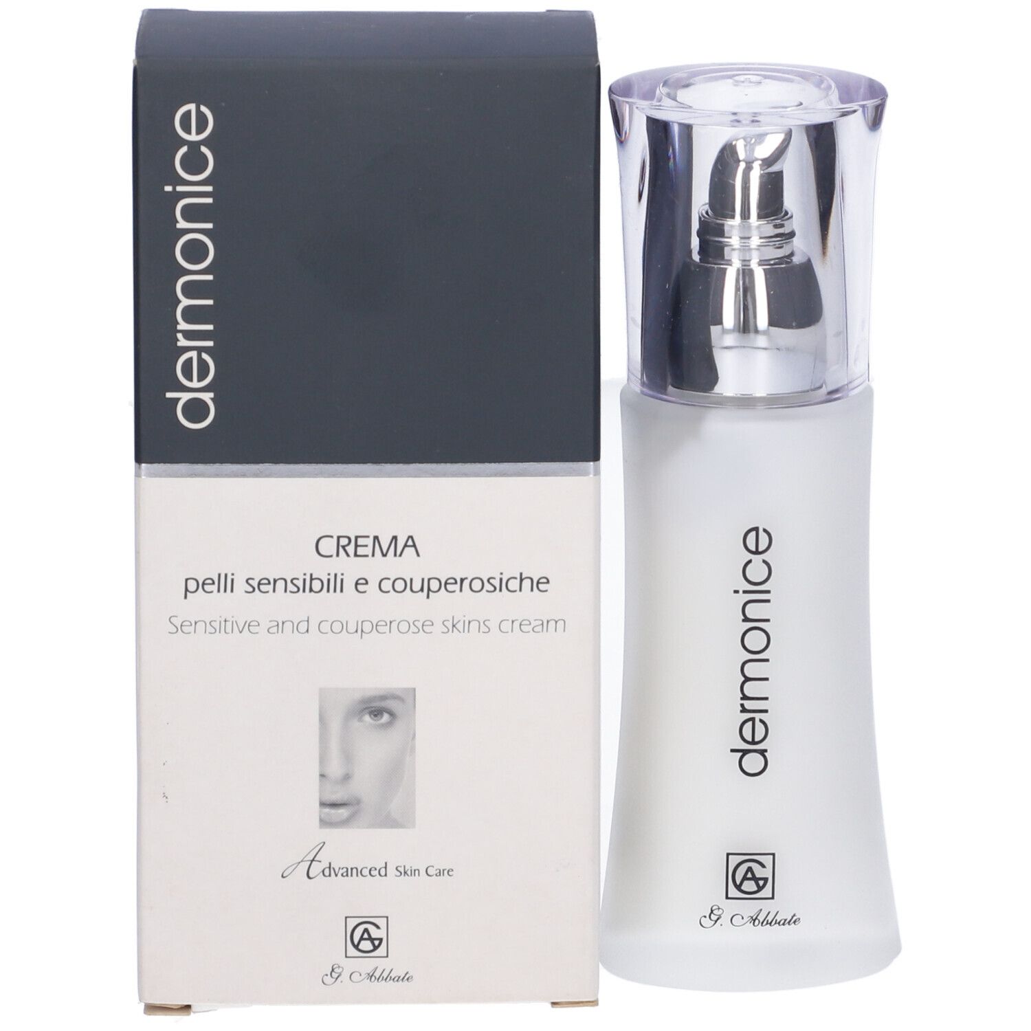 Flacone e confezione del prodotto. Scritta 'dermonice'. Confezione con descrizione del prodotto.