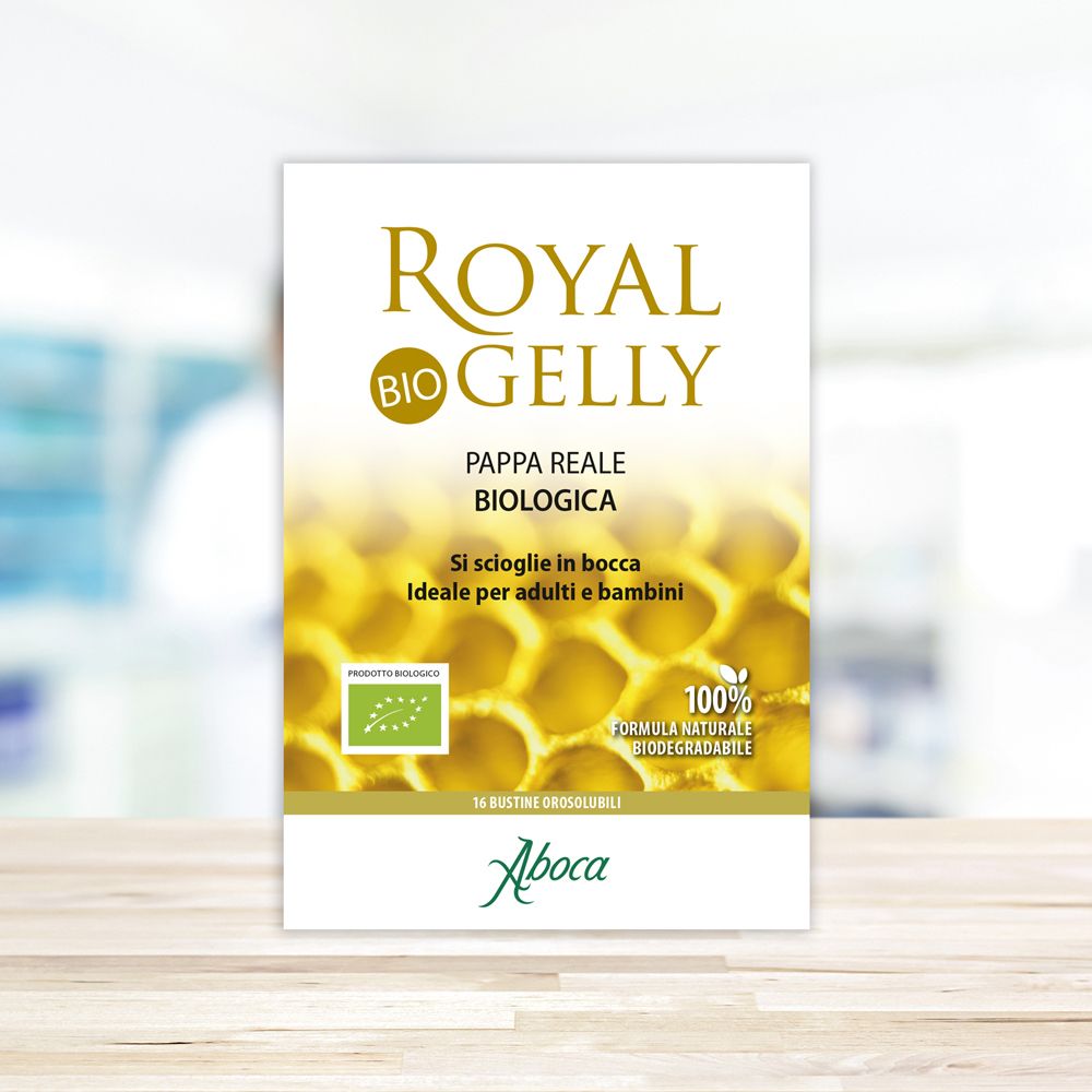 Confezione Royal Gelly Bio. Contiene Pappa Reale biologica. Logo bio UE. 16 bustine.