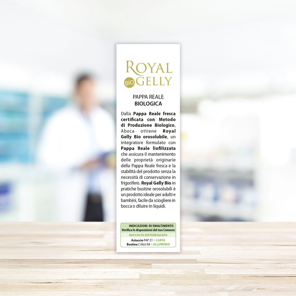Lato della confezione Royal Gelly Bio. Contiene informazioni sul prodotto e gli ingredienti.