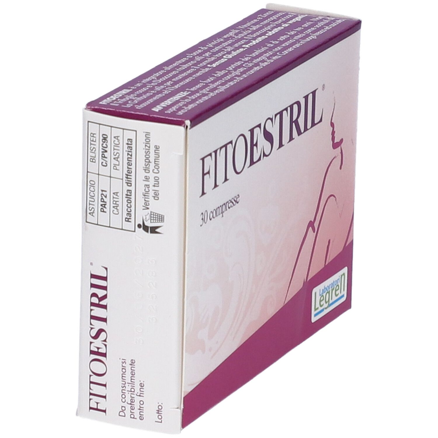 Scatola con nome del prodotto e 30 compresse. Design viola e bianco. Marchio Legren. Vista laterale.