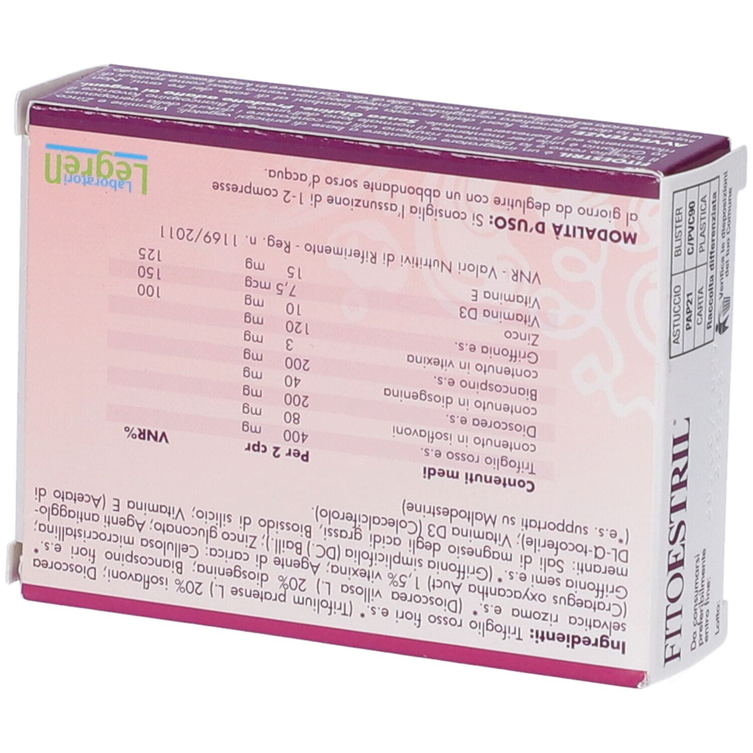 Scatola con informazioni sul prodotto. Contiene ingredienti e informazioni nutrizionali. Marchio Legren.