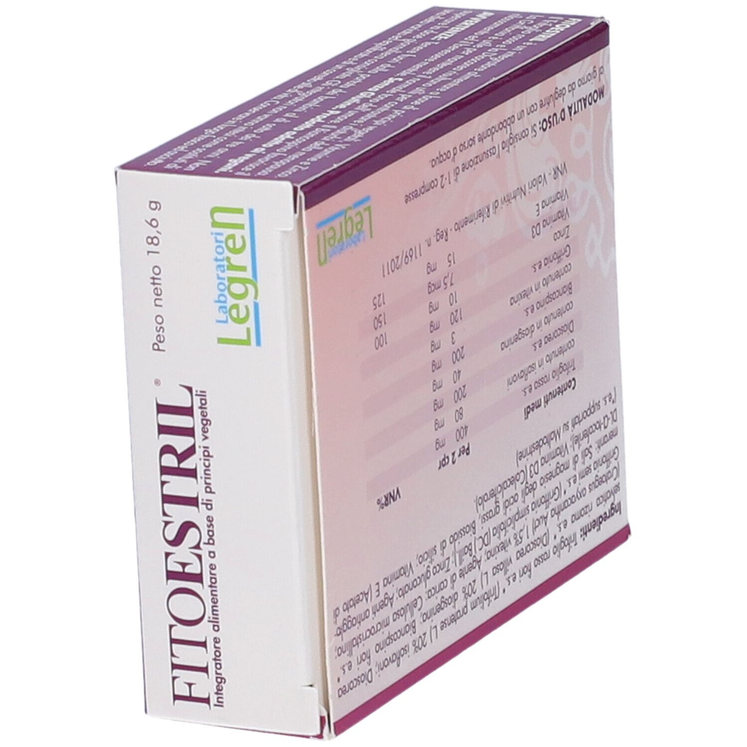 Scatola con nome del prodotto e informazioni. Marchio Legren. Contiene ingredienti e informazioni nutrizionali.