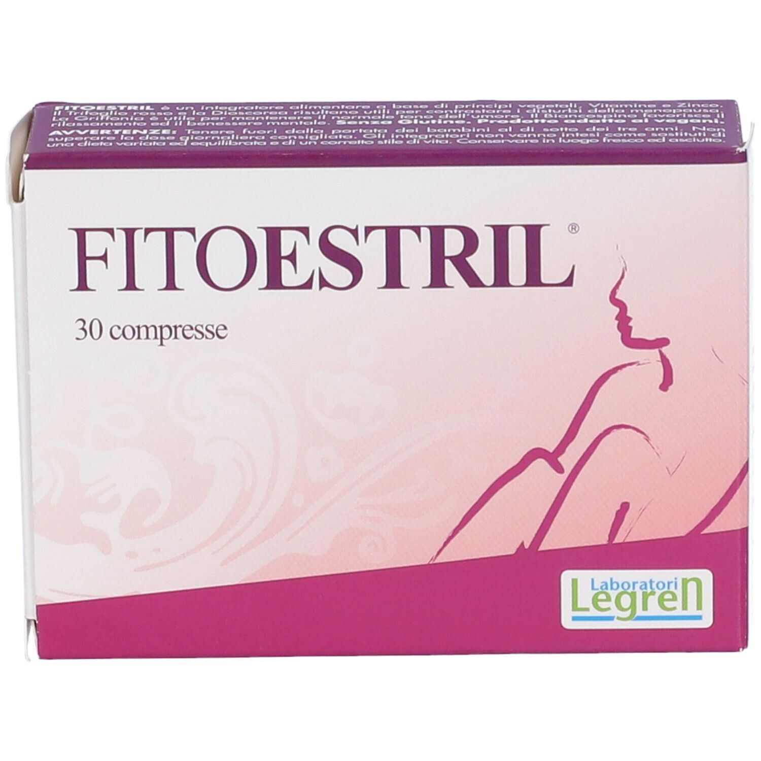 Scatola con nome del prodotto e 30 compresse. Design viola e bianco con profilo femminile. Marchio Legren.