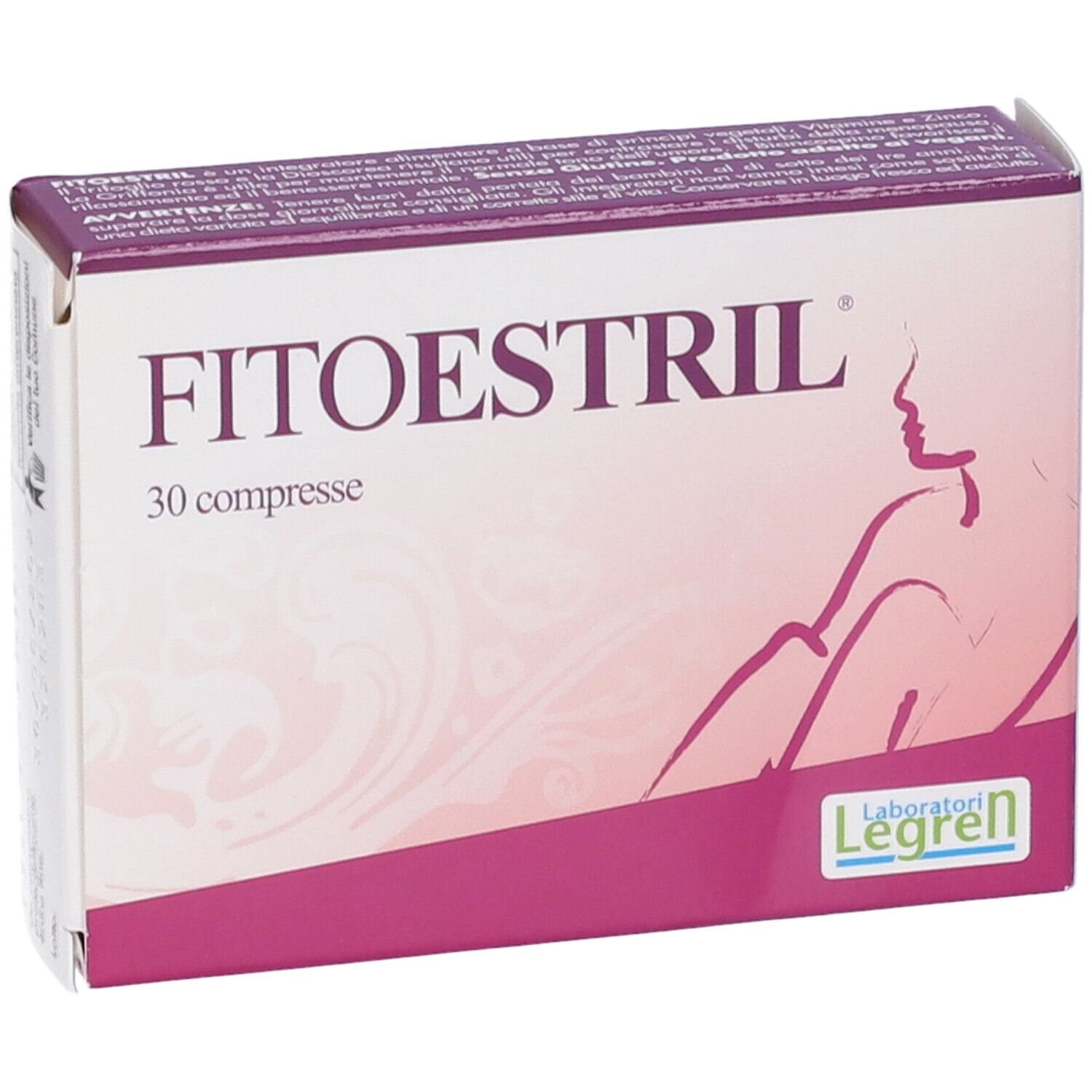 Scatola con nome del prodotto e 30 compresse. Design viola e bianco con profilo femminile. Marchio Legren.