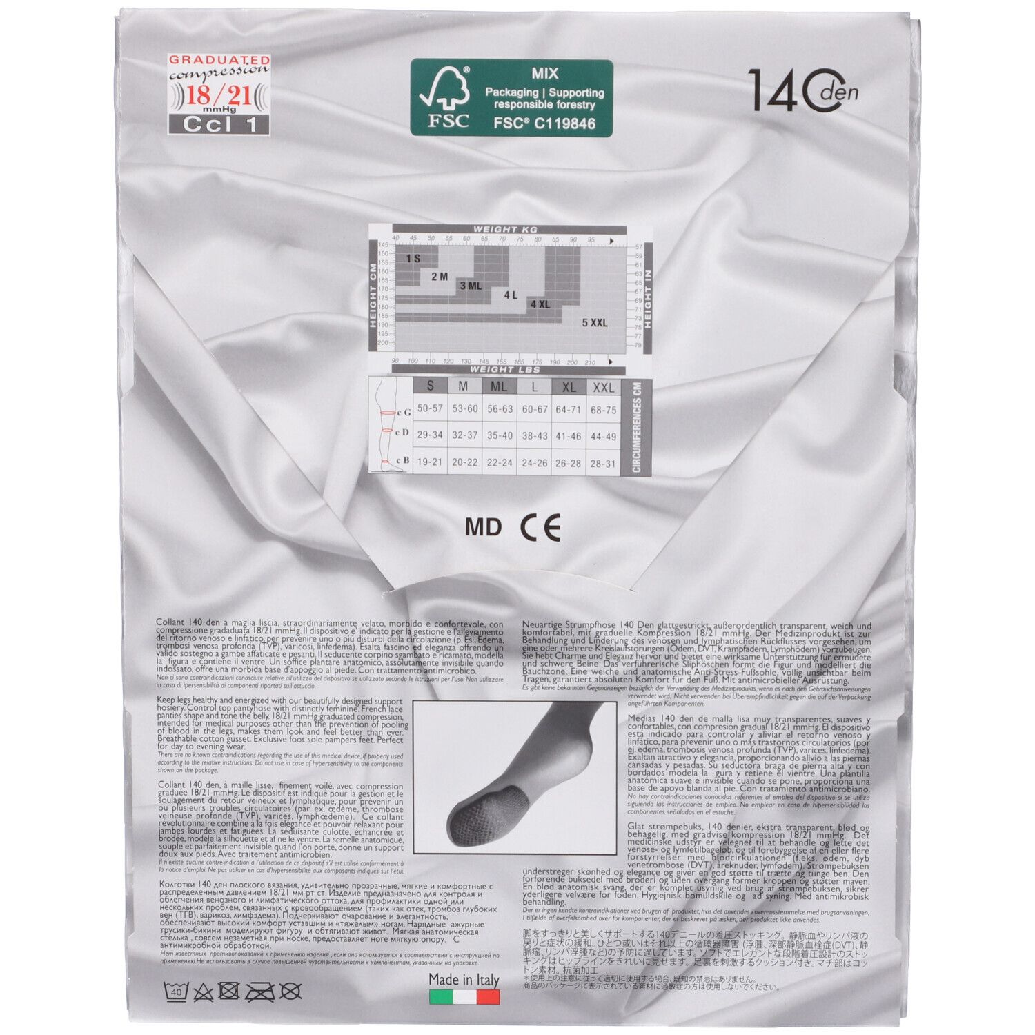 Retro confezione collant Naomi 140 den, modello Sabbia 2. Indicazioni taglie, marchio CE, logo FSC.