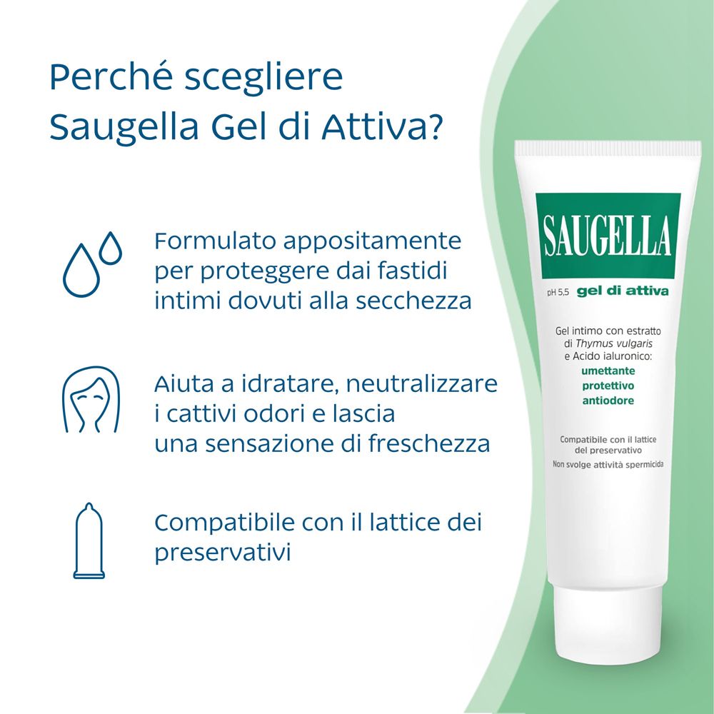 Tubo bianco con logo verde Saugella. Testo: pH 5,5 Gel di attiva. Illustrazioni: goccia, donna, preservativo.