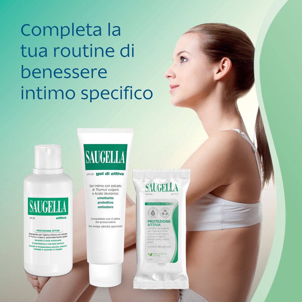 Tre prodotti Saugella: flacone, tubo, salviette. Testo: Routine completa per il benessere intimo.