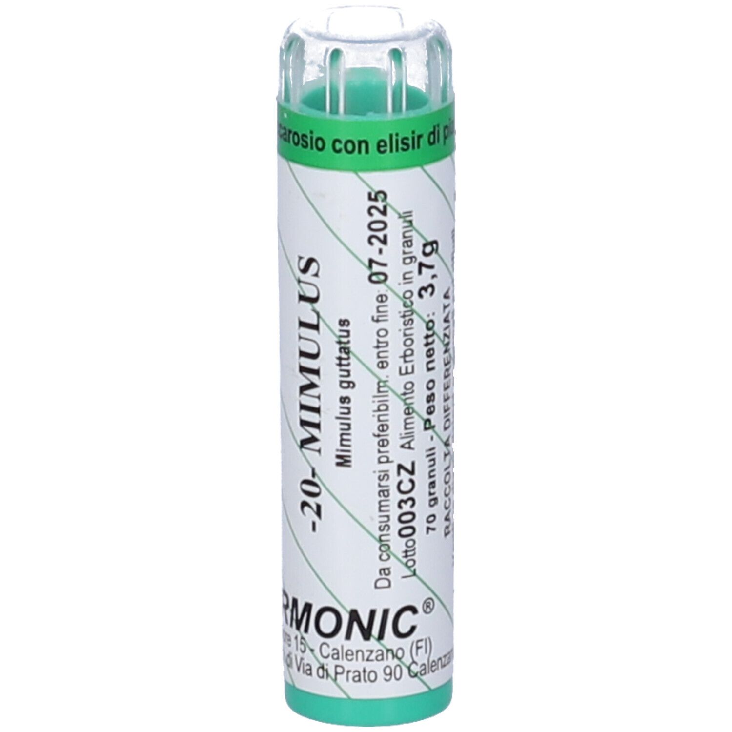 Confezione cilindrica con tappo verde. Scritta: -20- MIMULUS, ARMOMIC. Contiene granuli.