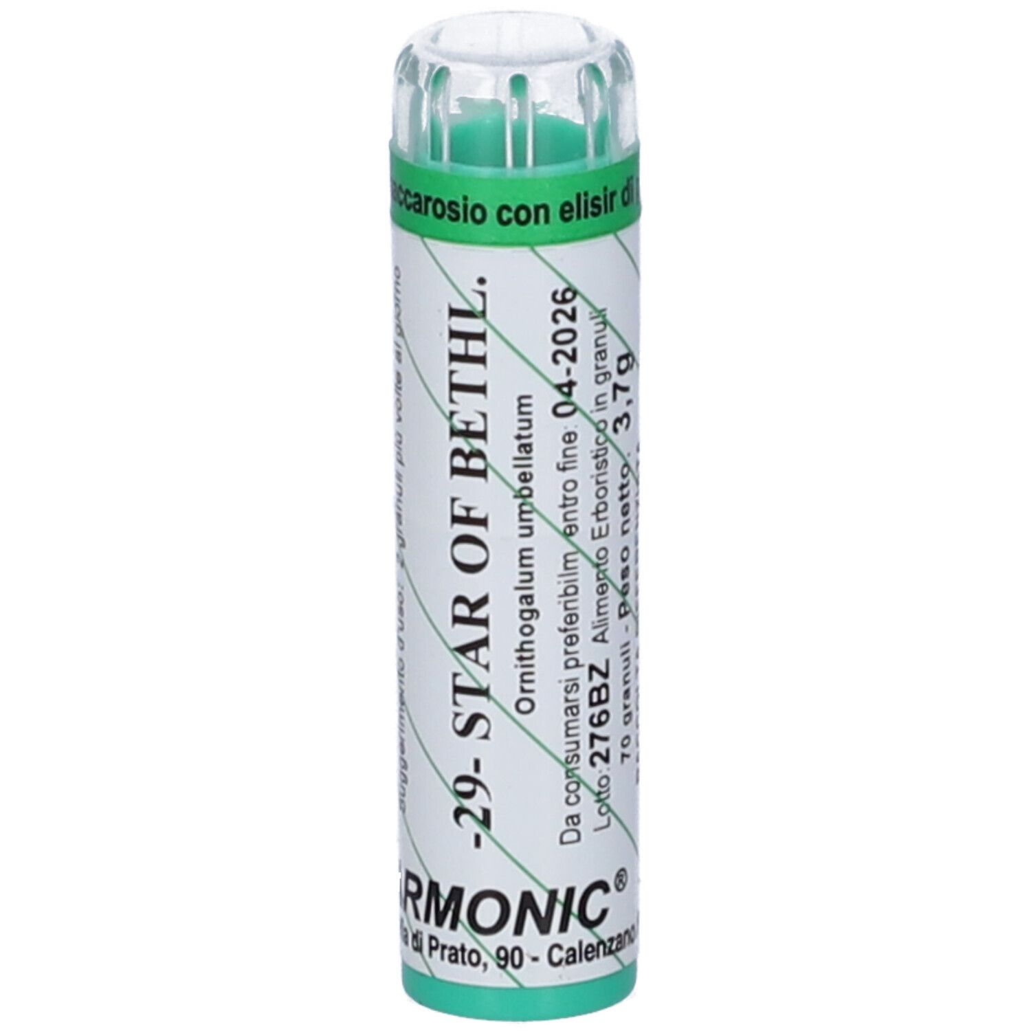 Confezione cilindrica con coperchio verde. Scritta: -29- STAR OF BETHL. Armonic.