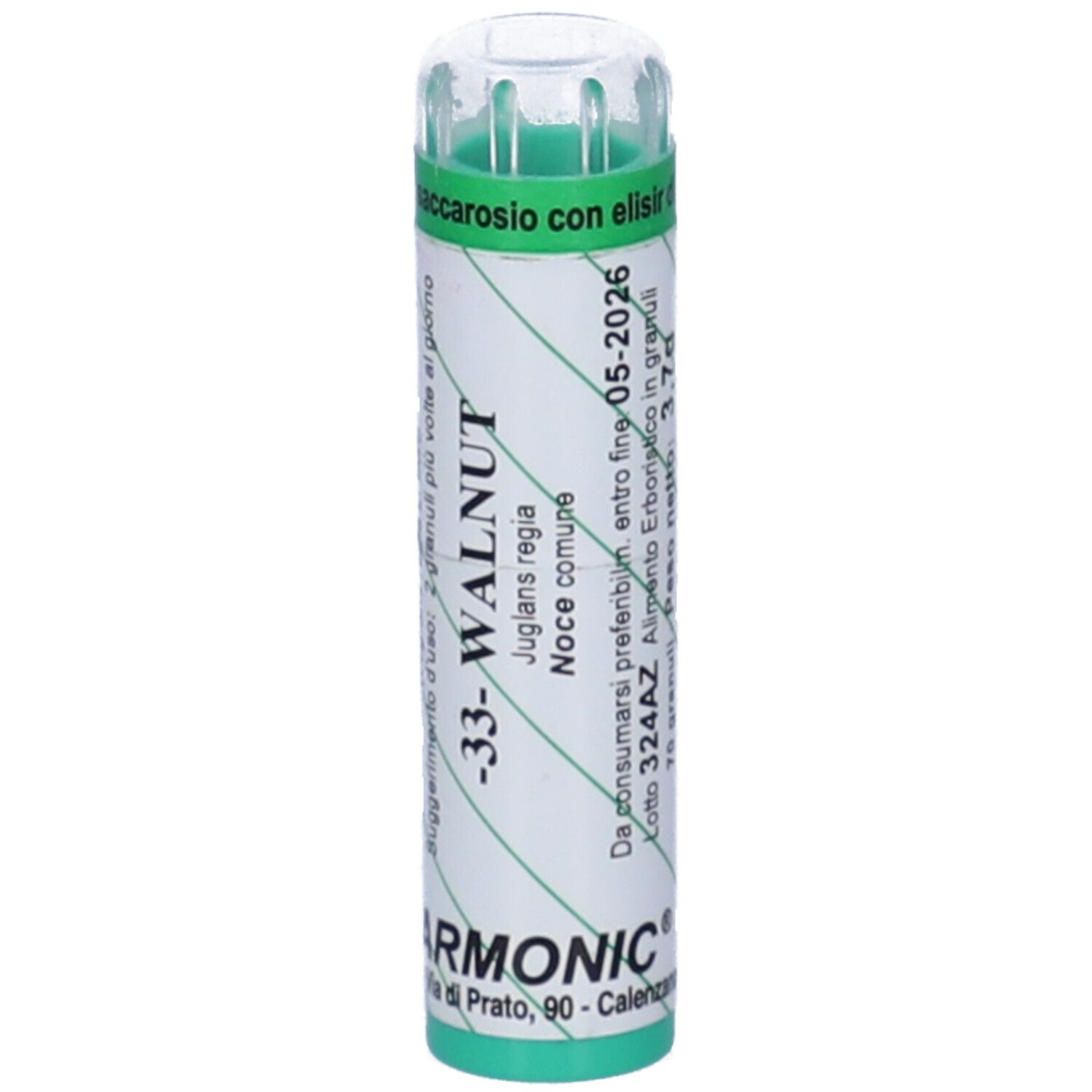 Confezione cilindrica verde. Scritta: -33- WALNUT, Armonic. Scadenza 05-2026. Contiene 3,7g di granuli.