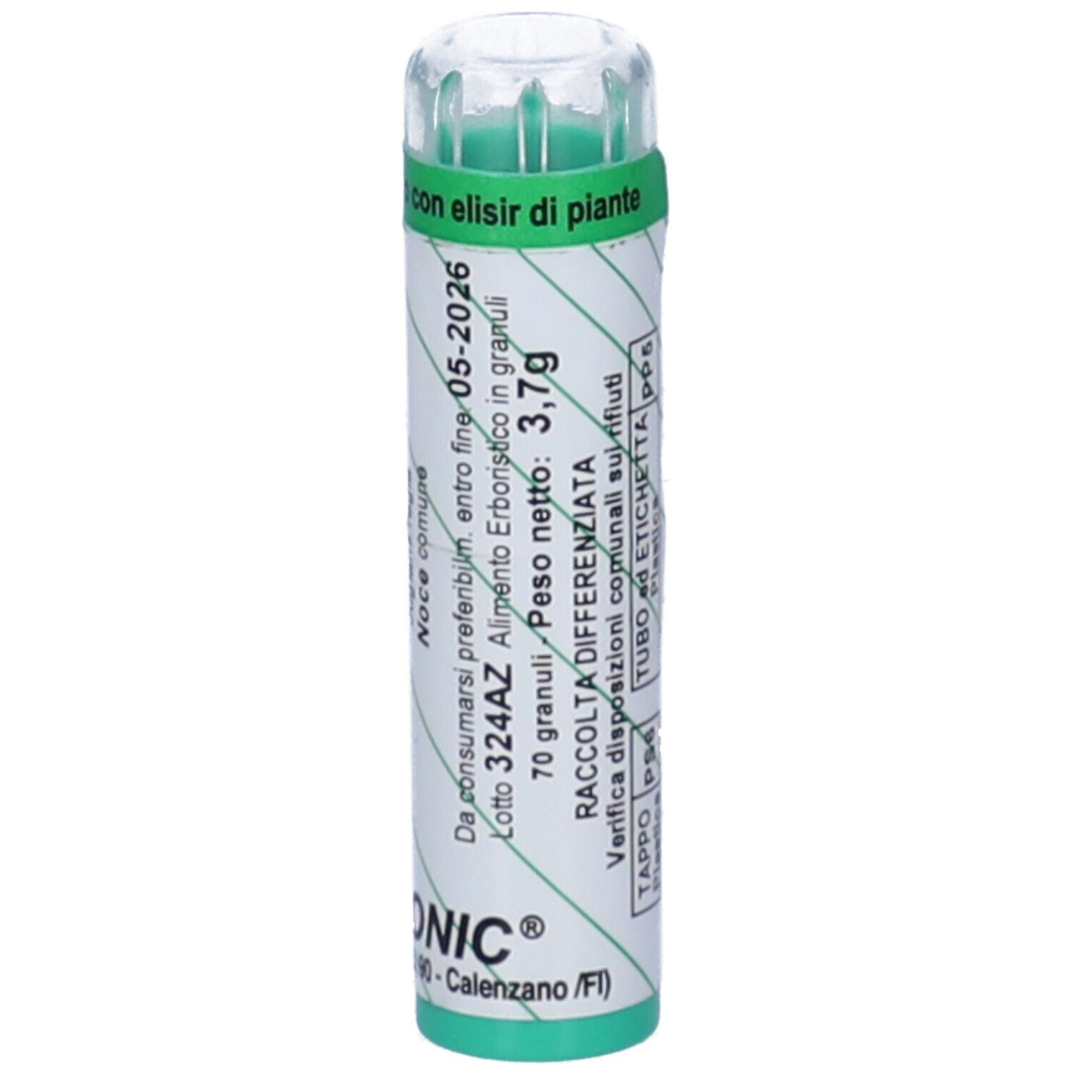 Confezione cilindrica verde. Scritta: Armonic. Contiene 3,7g di granuli. Peso 70 granuli.