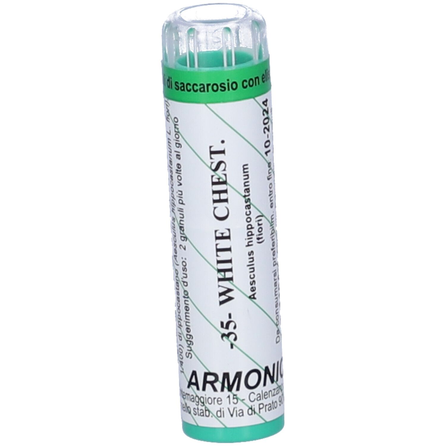 Confezione cilindrica con tappo verde. Scritta: -35- WHITE CHEST. ARMÓNIC. Contiene granuli.