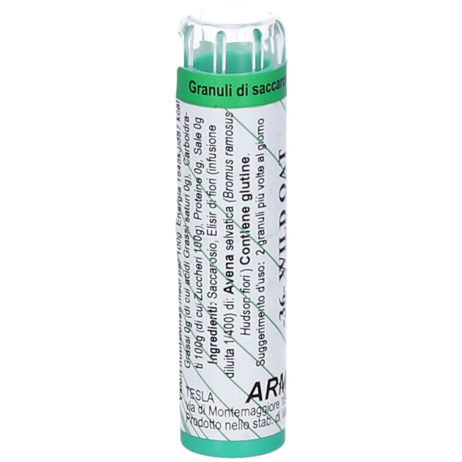 Flacone cilindrico verde. Scritta: 36- WILD OAT, Armonic. Contiene granuli.