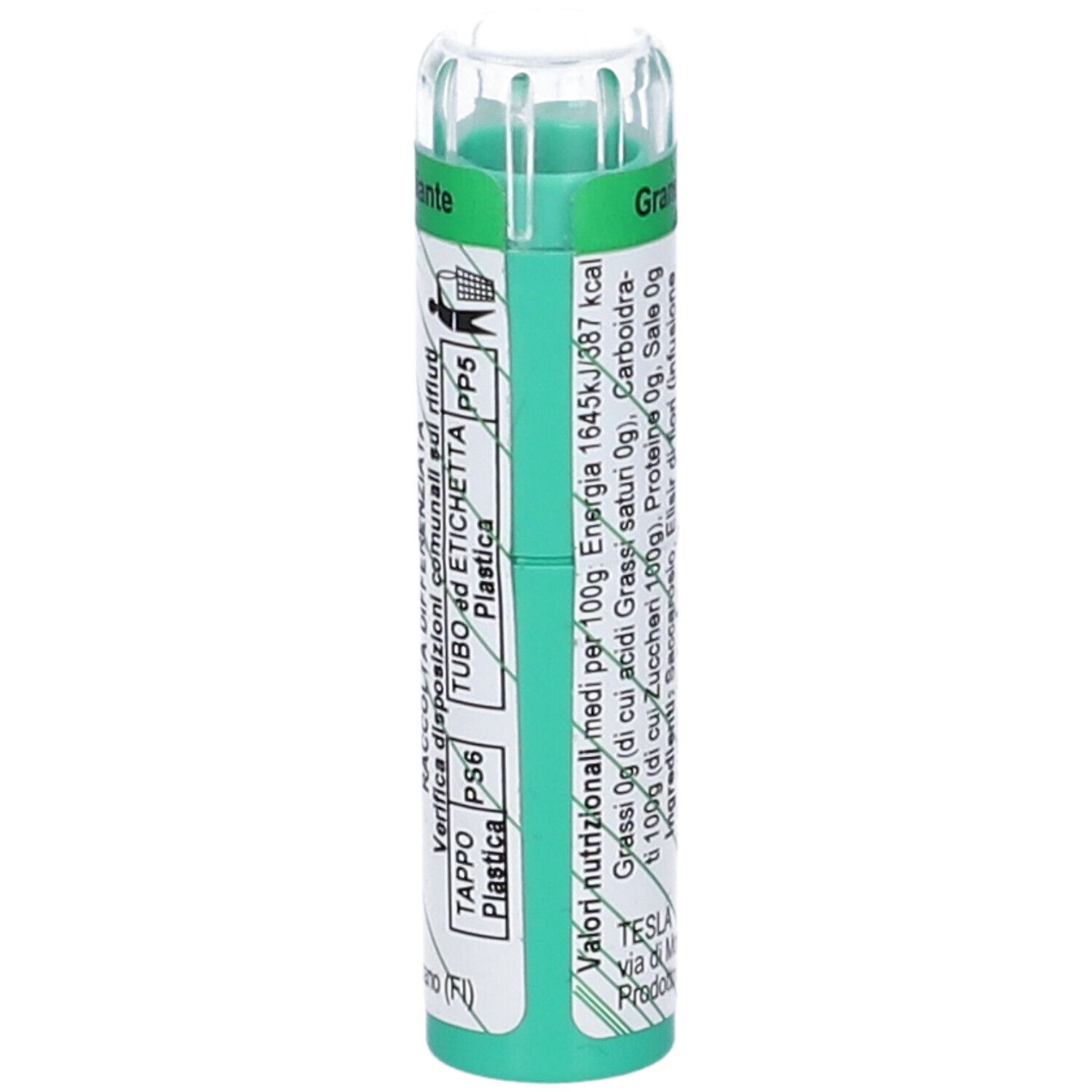 Flacone cilindrico verde. Scritta: Armonic. Contiene granuli. Con informazioni nutrizionali.