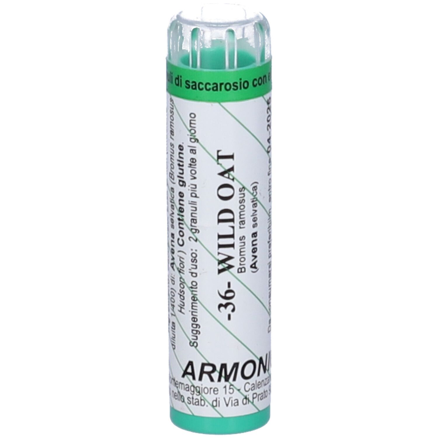 Flacone cilindrico verde. Scritta: 36- WILD OAT, Armonic. Contiene granuli.