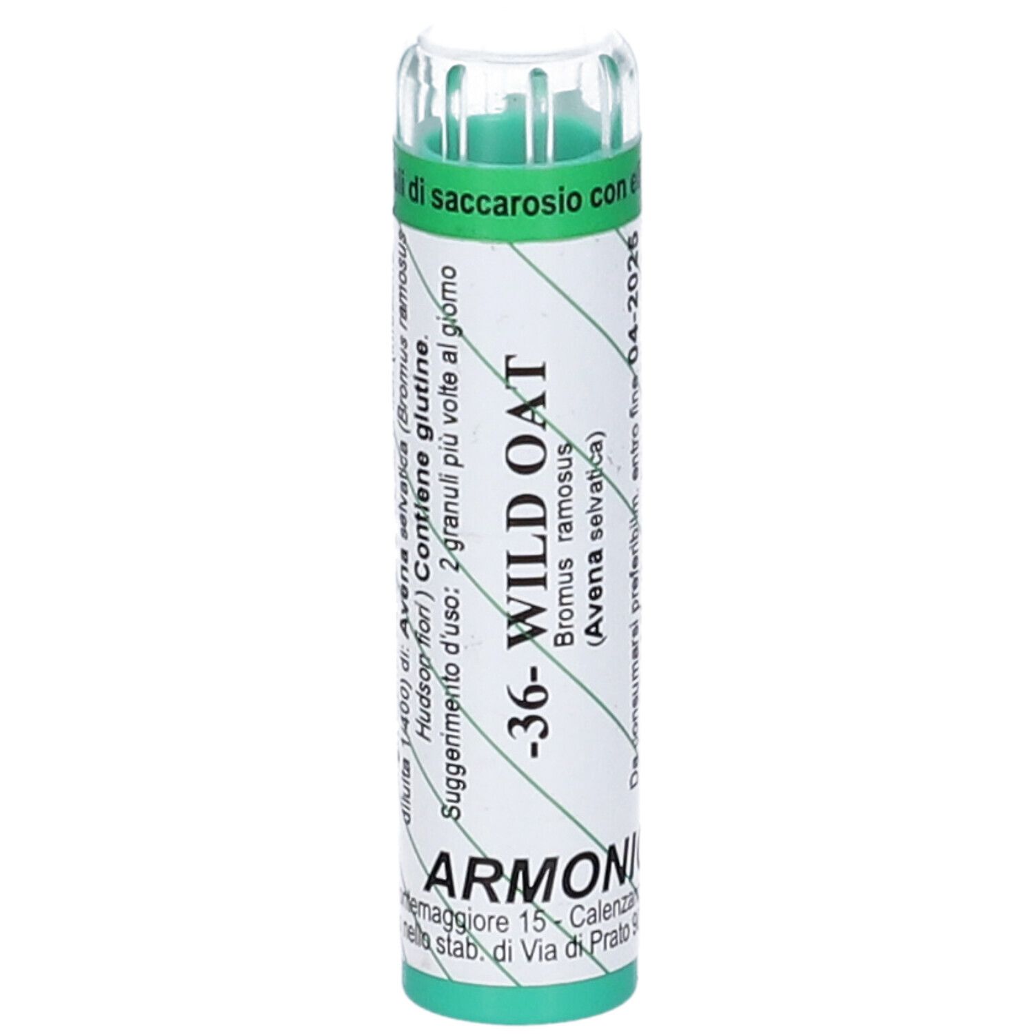 Flacone cilindrico verde. Scritta: 36- WILD OAT, Armonic. Contiene granuli.