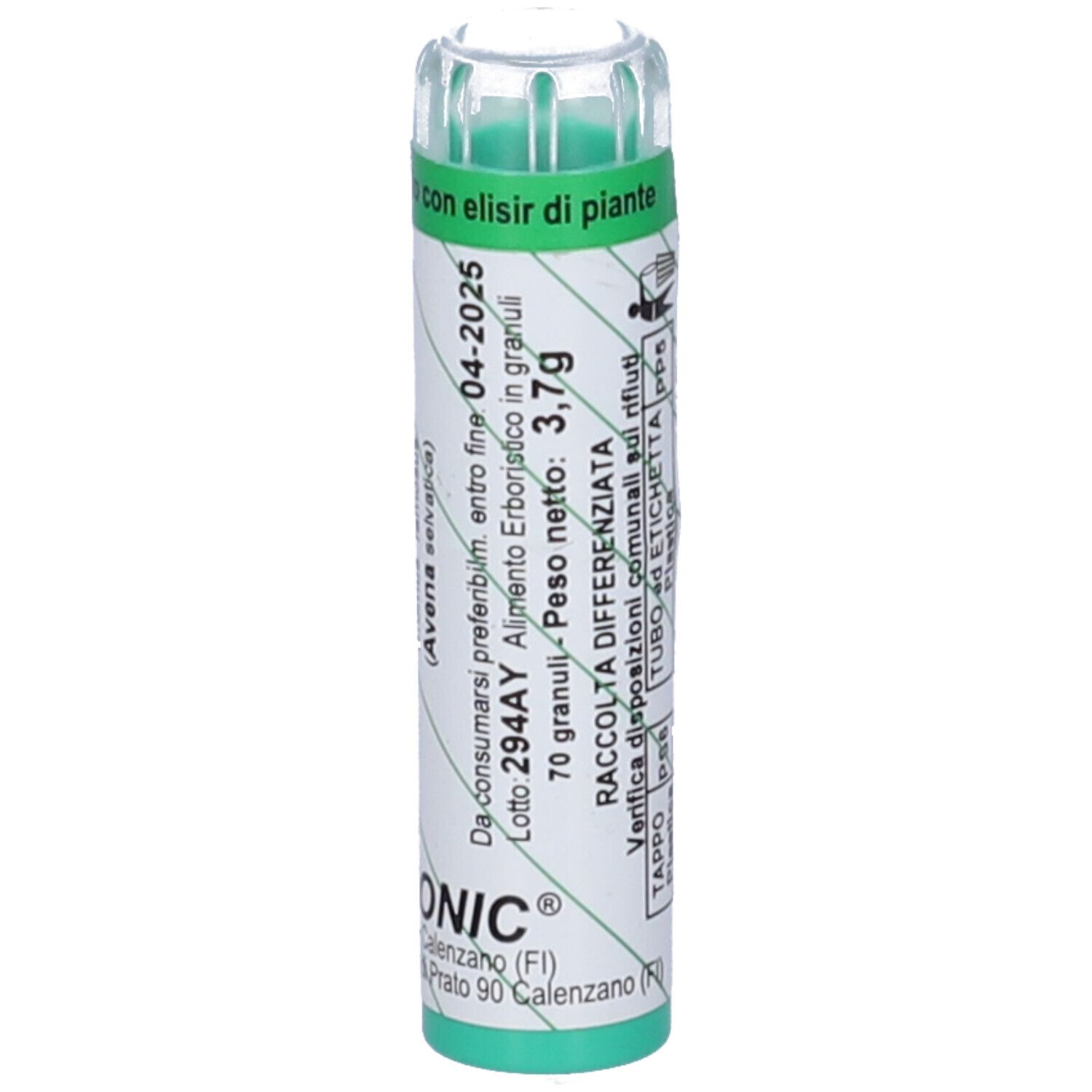 Flacone cilindrico verde. Scritta: Armonic. Contiene 70 g di granuli. Con informazioni.