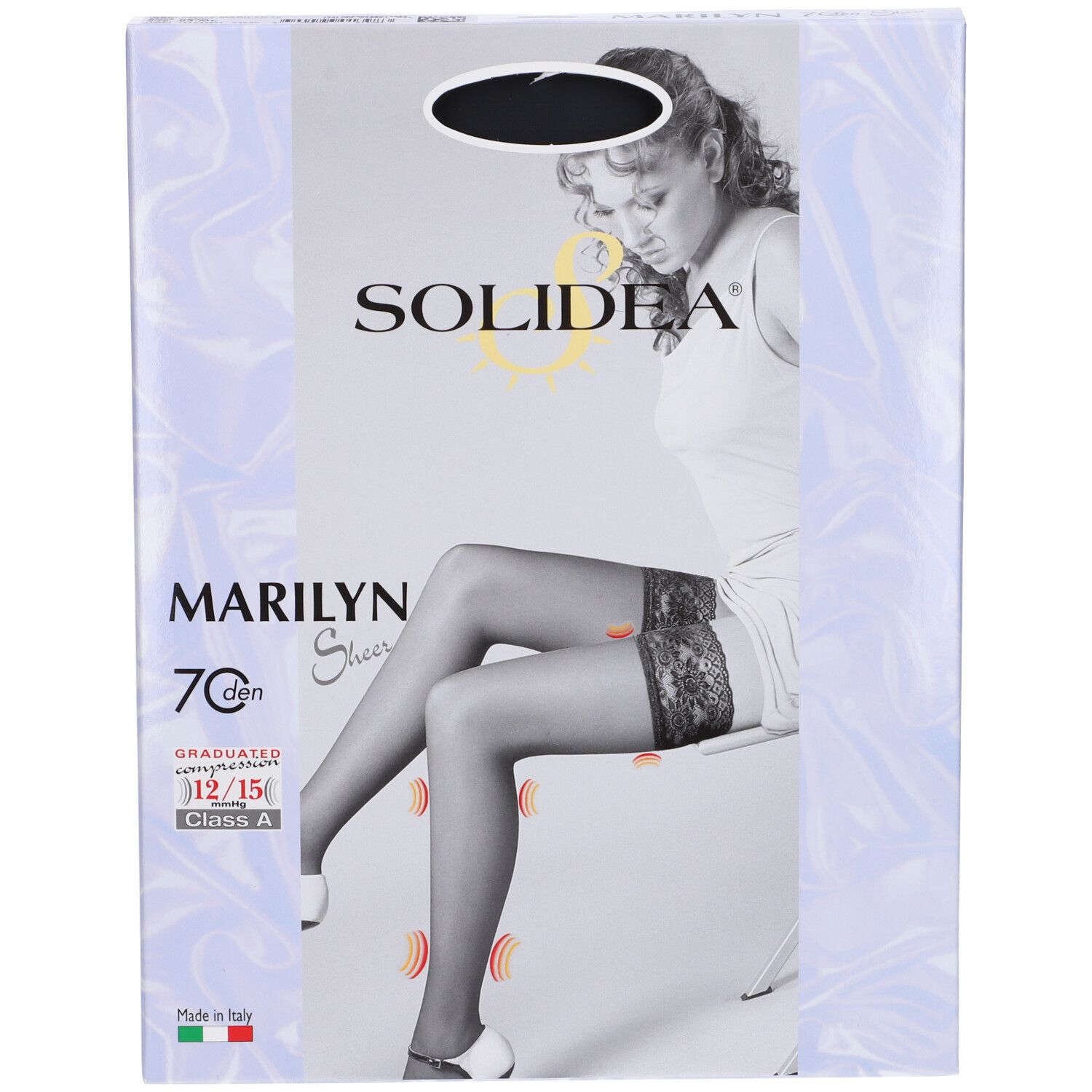 Confezione di calze. Marchio Solidea, modello Marilyn Sheer 70. Calze nere con pizzo. Compressione graduata.