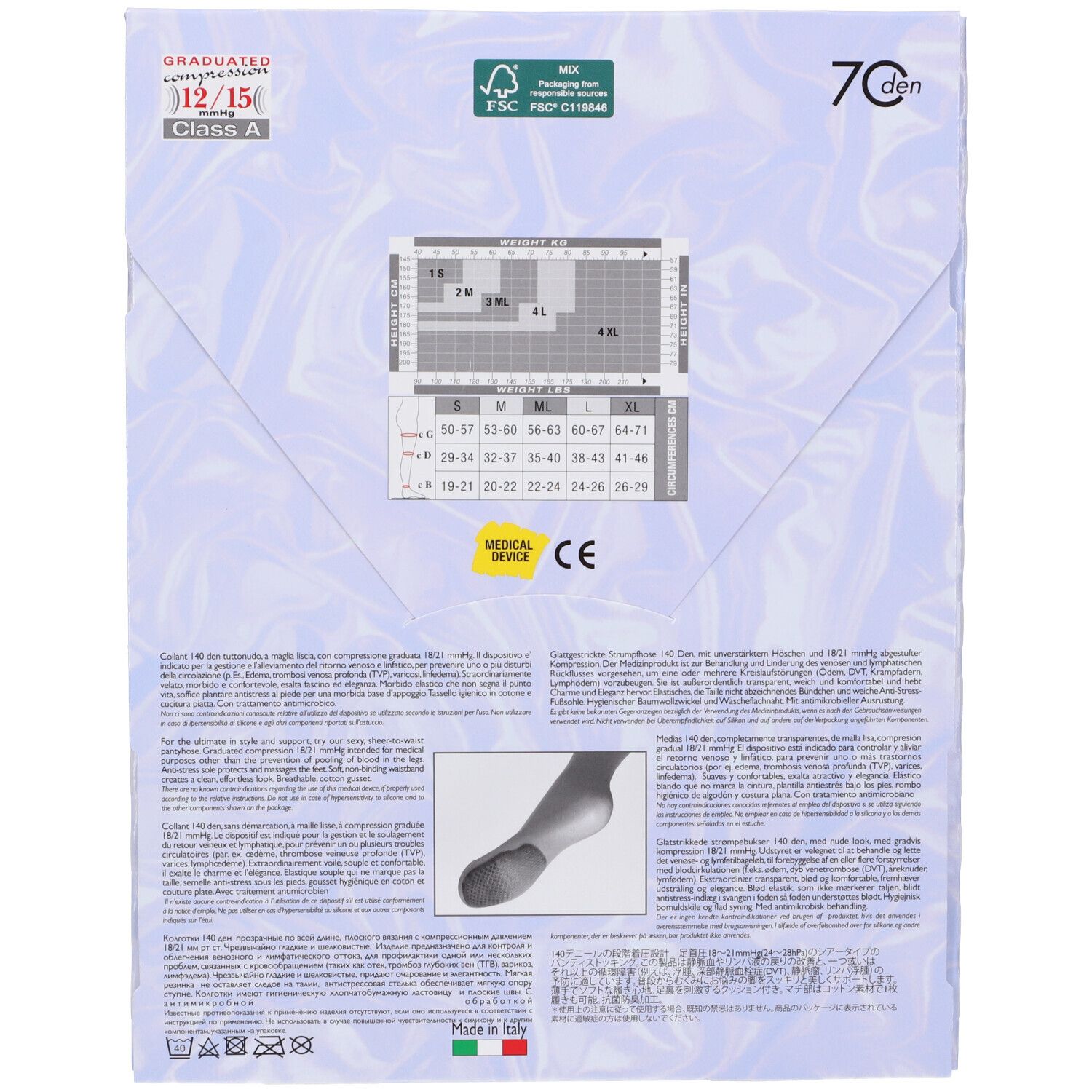 Retro della confezione di calze. Informazioni su taglia, compressione e certificazioni. Dispositivo medico.