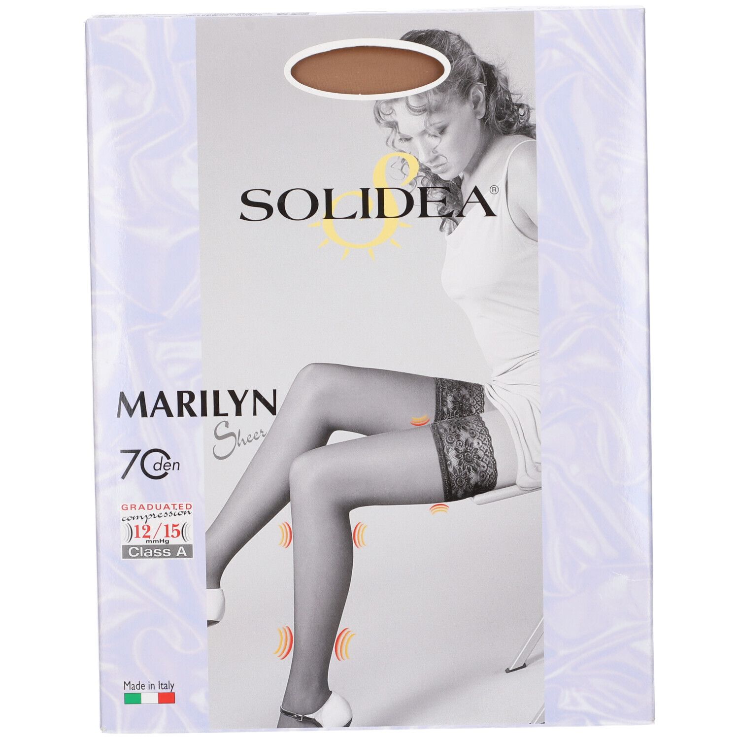 Confezione con calze. Marchio SOLIDEA, modello Marilyn Sheer 70 den. Calze color cammello. Scritte: Made in Italy, 70 den, 12/15 mmHg.