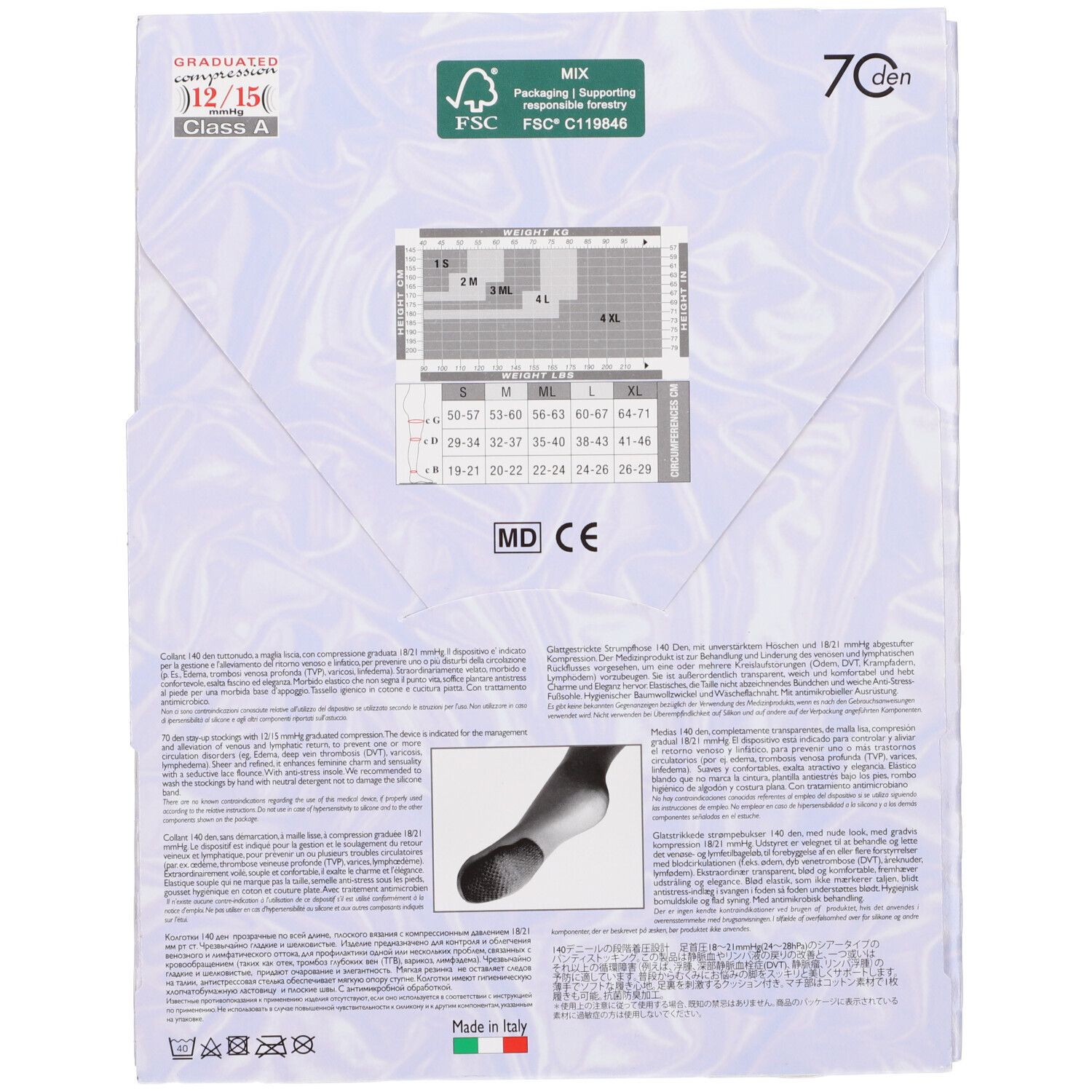 Retro della confezione. Informazioni sulle calze. Taglie, composizione, simboli di lavaggio, certificazione FSC, marchio CE.