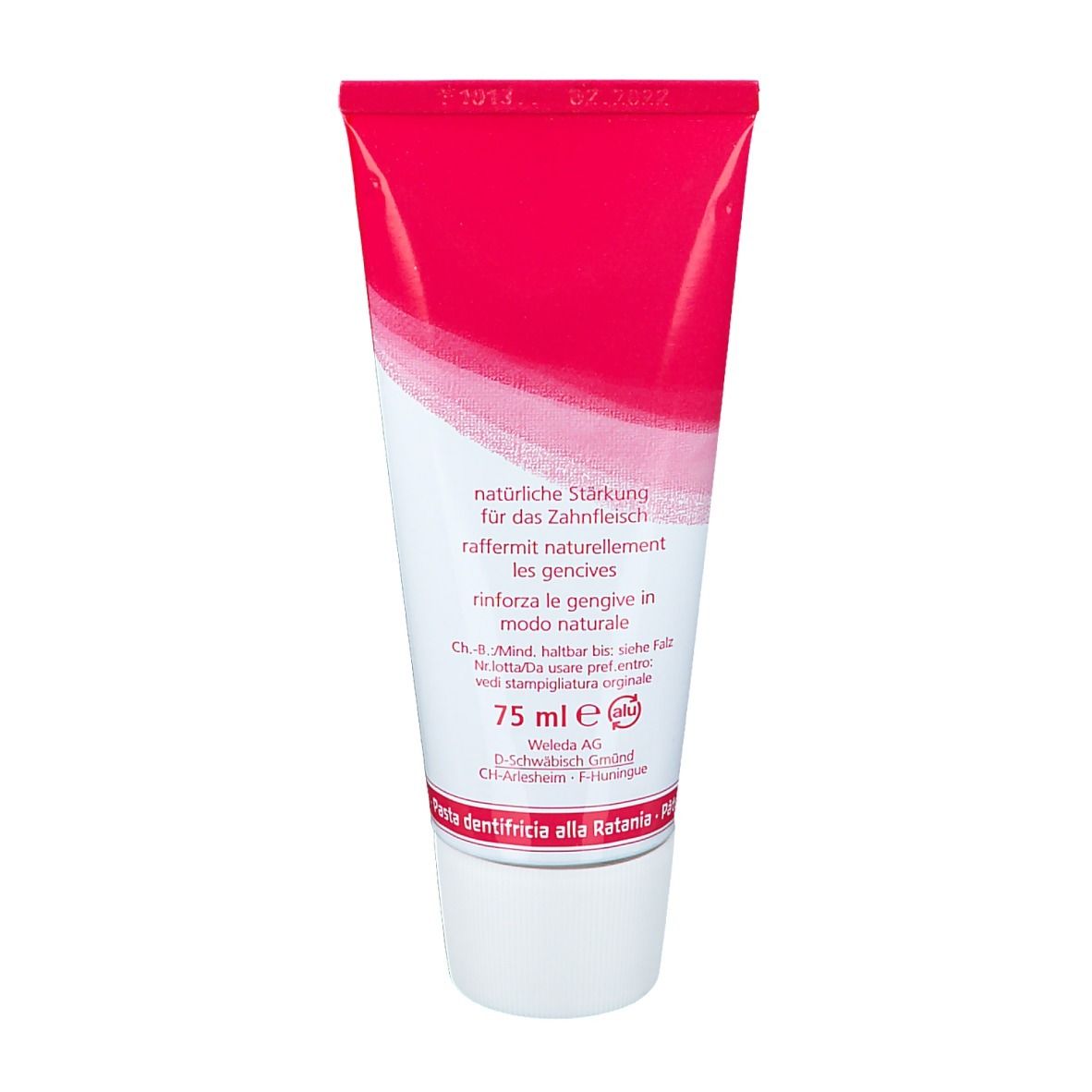 Retro del tubetto di dentifricio. Testo: rafforzamento naturale per le gengive, 75 ml, Weleda AG.