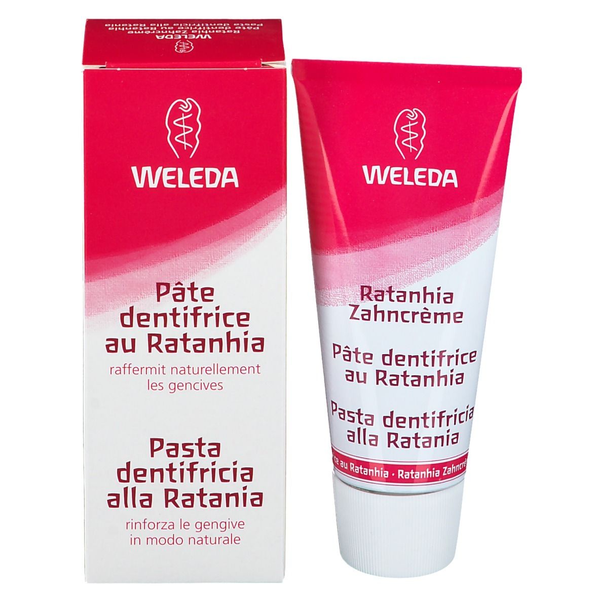 Tubo di dentifricio e scatola. Scritte: WELEDA, Pâte dentifrice au Ratanhia, Pasta dentifricia alla Ratania. Scatola: rosa, bianca.